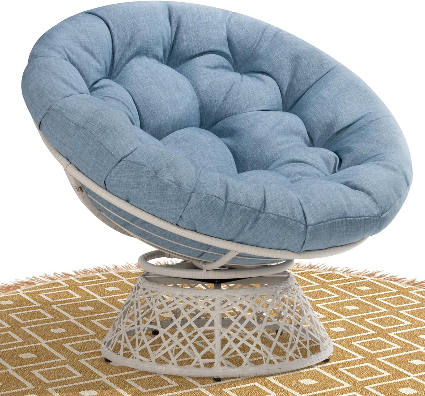 Bme 40" Ergonomic Wicker Papasan Chair with Soft Thick Density Fabric Cushion, High Capacity Steel Frame, 360 Degree Swivel for Living, Bedroom, Reading Room, Lounge, Serene Oasis - White Base