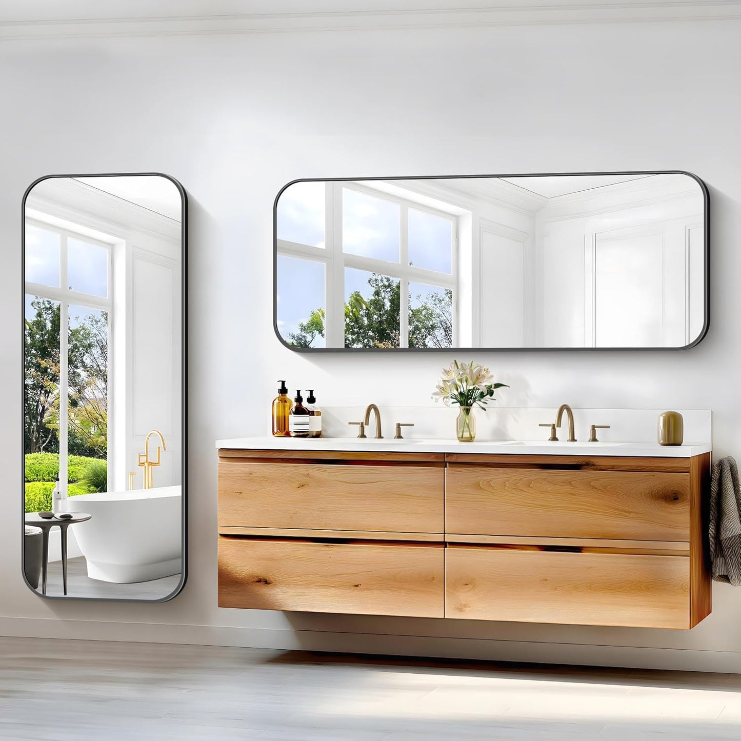 Bathroom Mirror, 60 x 24 inch Metal Framed Black Rectangle Mirror, Rounded Corner Rectangular Vanity Mirror, Large Wall Mounted Mirror for Modern Bedroom Living Room Horizontal or Vertical