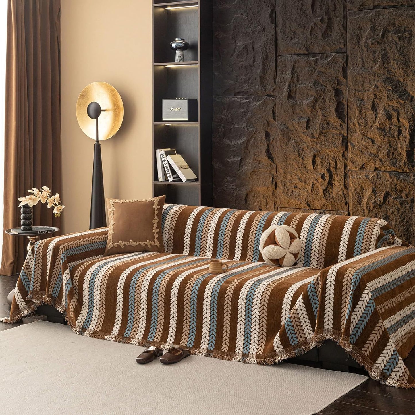 STACYPIK Khaki Jacquard Leaves Sofa Cover, Vintage Couch Cover for Dogs, Washable Pet Protector for 3 Cushion Couch, Non-slip Chenille Sofa Covers for Loveseat, Boho Couch Cover for Sectional-71X134IN