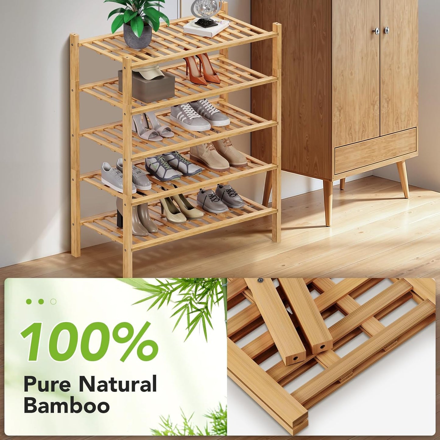 Haddockway 5 Tier Bamboo Shoe Rack Storage Organizer, Multifunctional Free Standing Stackable Shoe Shelf with Grid Panel for Closet,Hallway,Entryway,Small Space 27"x11"x32" (Natural, 5 Tier)