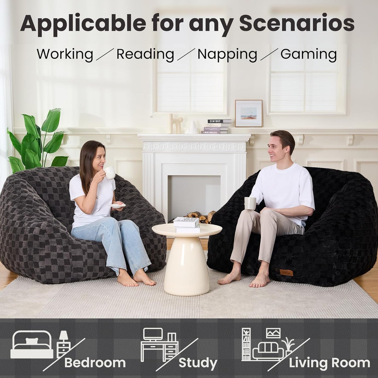 Bean Bag Chairs for Adults, Giant Beanbag Sofa Comfy Reading Chair, Oversized Bean Bag Chairs for Living Room Bedroom, Soft Faux Fur Fabric, 3.2FT, Dark Grey, Checkered