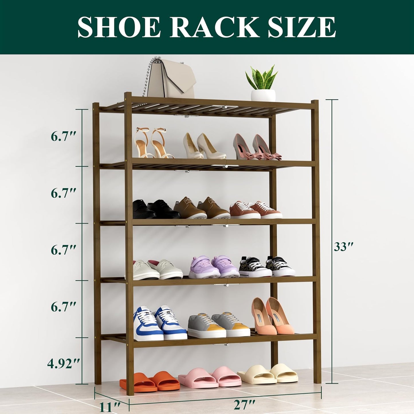Smiry Shoe Rack, 5 Tier Thick Bamboo Shoe Organizer, Stackable Free Standing Wooden Shoe Storage Shelf for Closet, Entryway, Front Door Entrance, Walnut
