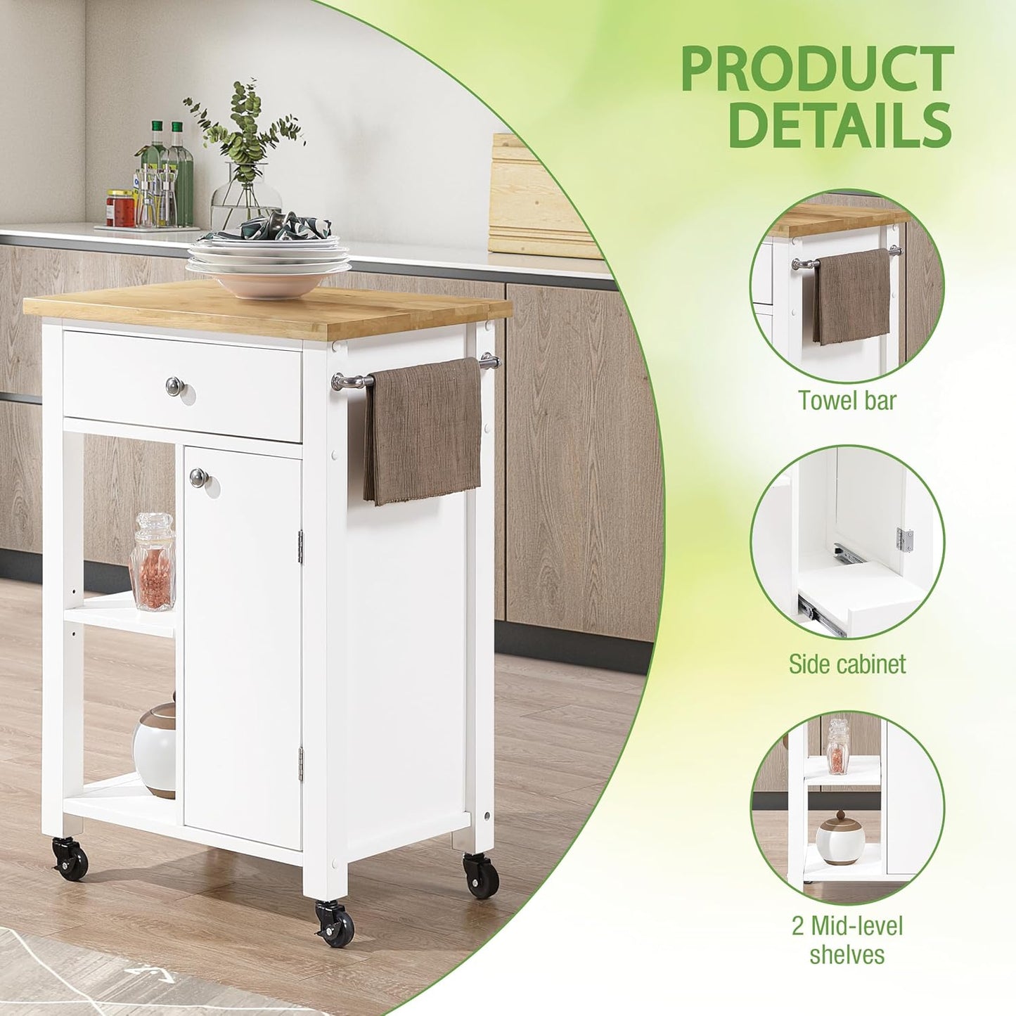 OSP Home Furnishings Derry Modern Farmhouse Kitchen Cart with Natural Butcher Block Top, Rolling Storage Cabinet with Drawer, Shelves, Hooks, White Finish