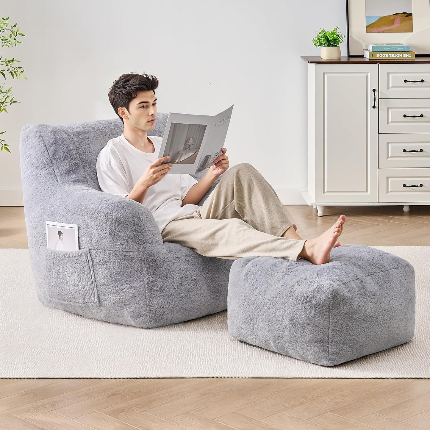 Giant Bean Bag Chairs for Adults with Ottoman, Faux Fur Boneless Chaise Couch Filler with Memory Foam,Large BeanBag Lounge Lazy Floor Sofa Accent Chair for Living Room,Bedroom & Game Rooms