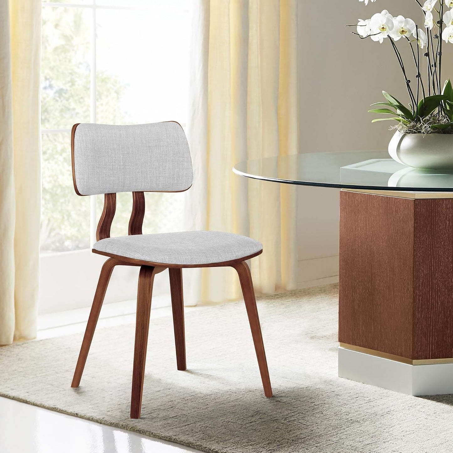 Armen Living Jaguar Mid Century Modern Dining Accent Chair for Kitchen Table Desk Vanity in Grey Fabric and Walnut Wood Finish