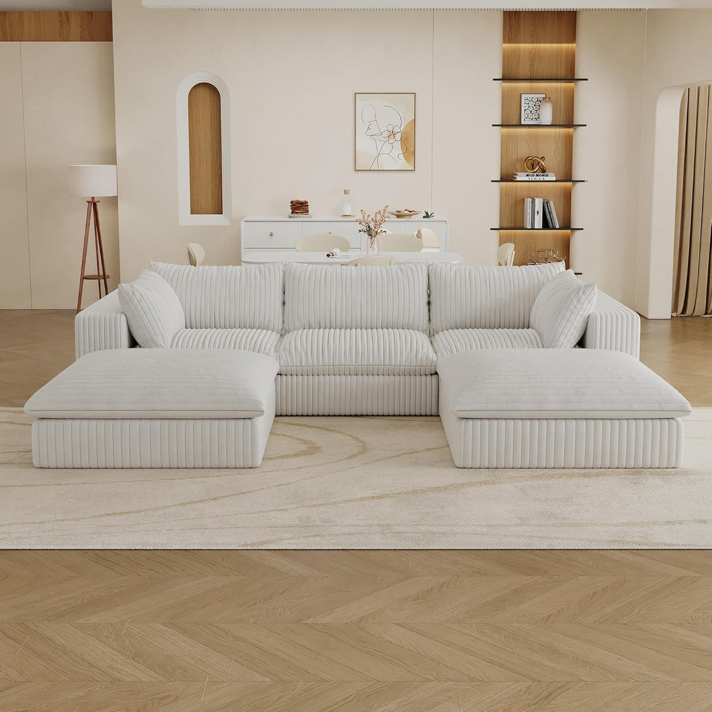 Down Filled Boneless Sectional Sofa Cloud Couch with Movable Ottomans, 118 inch Convertible U Shaped Lounge Couch w/Deep Seat, Fluffy Corduroy Upholstered Compress Modular Sofa