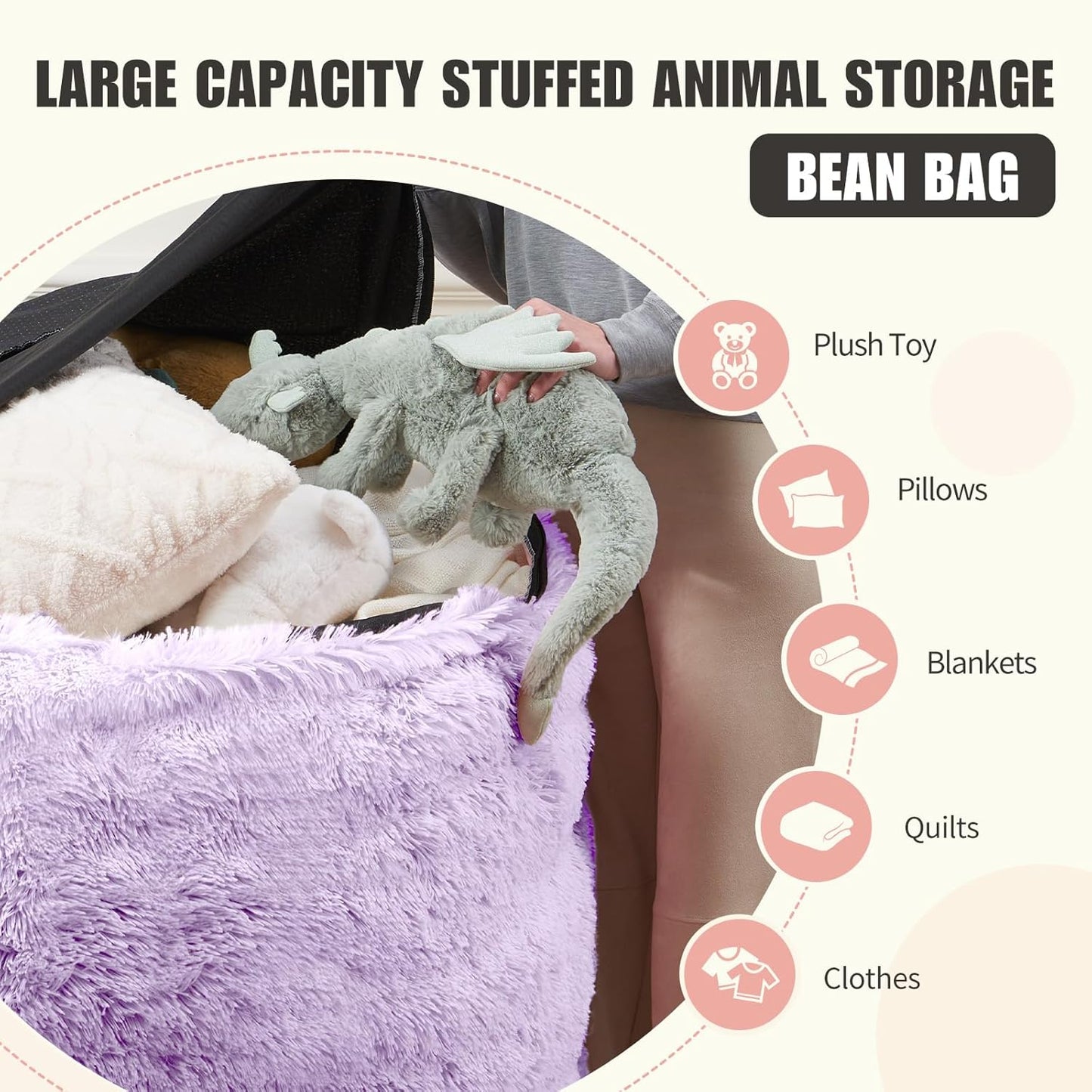 5FT Bean Bag Cover for Stuffed Animals Machine Washable, Gaming Bean Bag Chairs for Adults Teens Girls, Lovely Cute Bean Bag Storage Stuffed Animal, Purple
