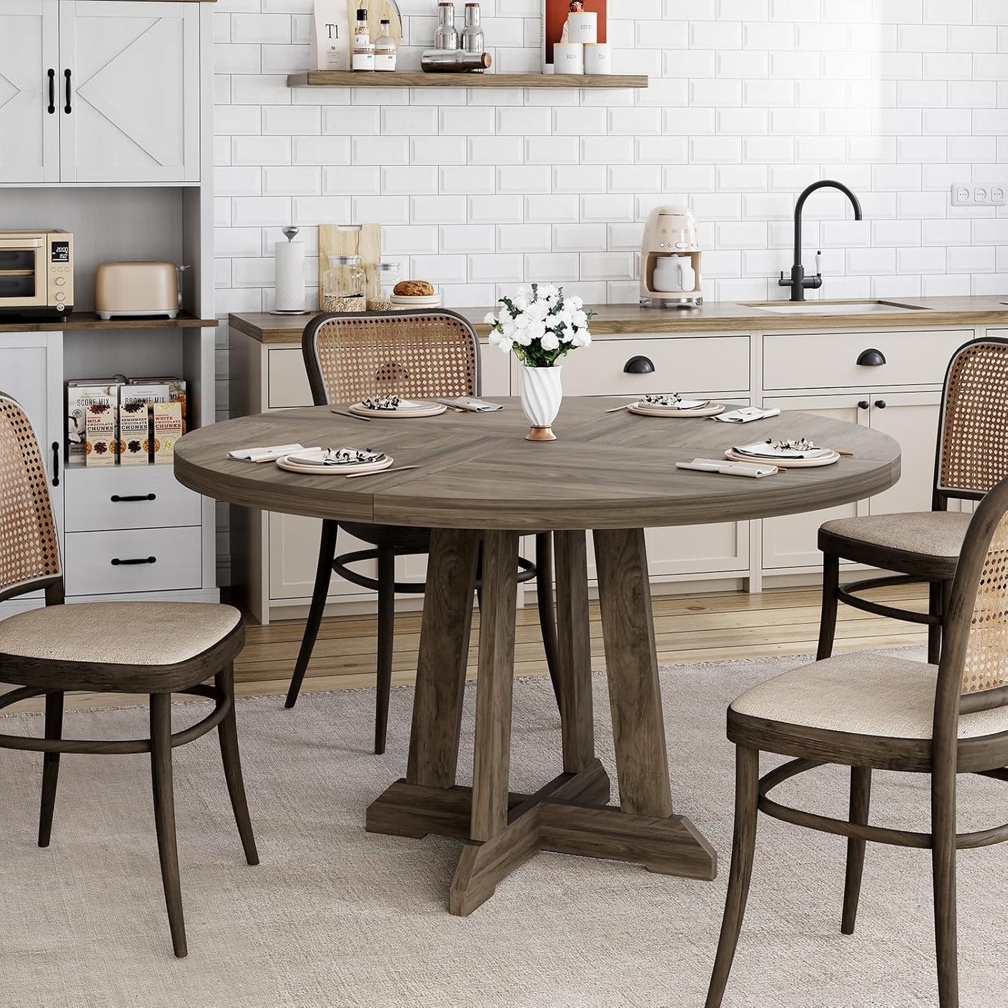 GarveeHome Round Dining Table for 4,Kitchen Dining Room Circle Dinner Pedestal Table,Space Saving Wood Kitchen & Dining Room Furniture,Grey 47-inch Diameter