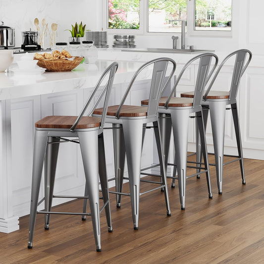 Yongqiang 24 inch Bar Stools Set of 4 High Back Kitchen Counter Height Bar Chairs Silver Metal Barstools with Large Wooden Seat
