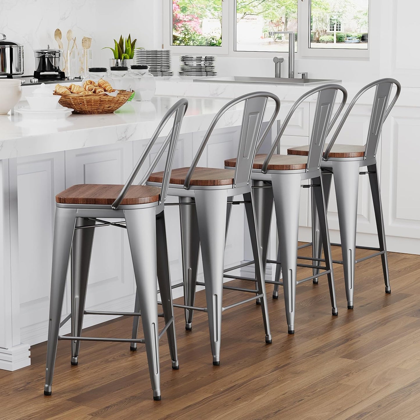 Yongqiang 26 inch Bar Stools Set of 4 Kitchen Counter Height Bar Chairs High Back Silver Metal Barstools with Large Wooden Seat