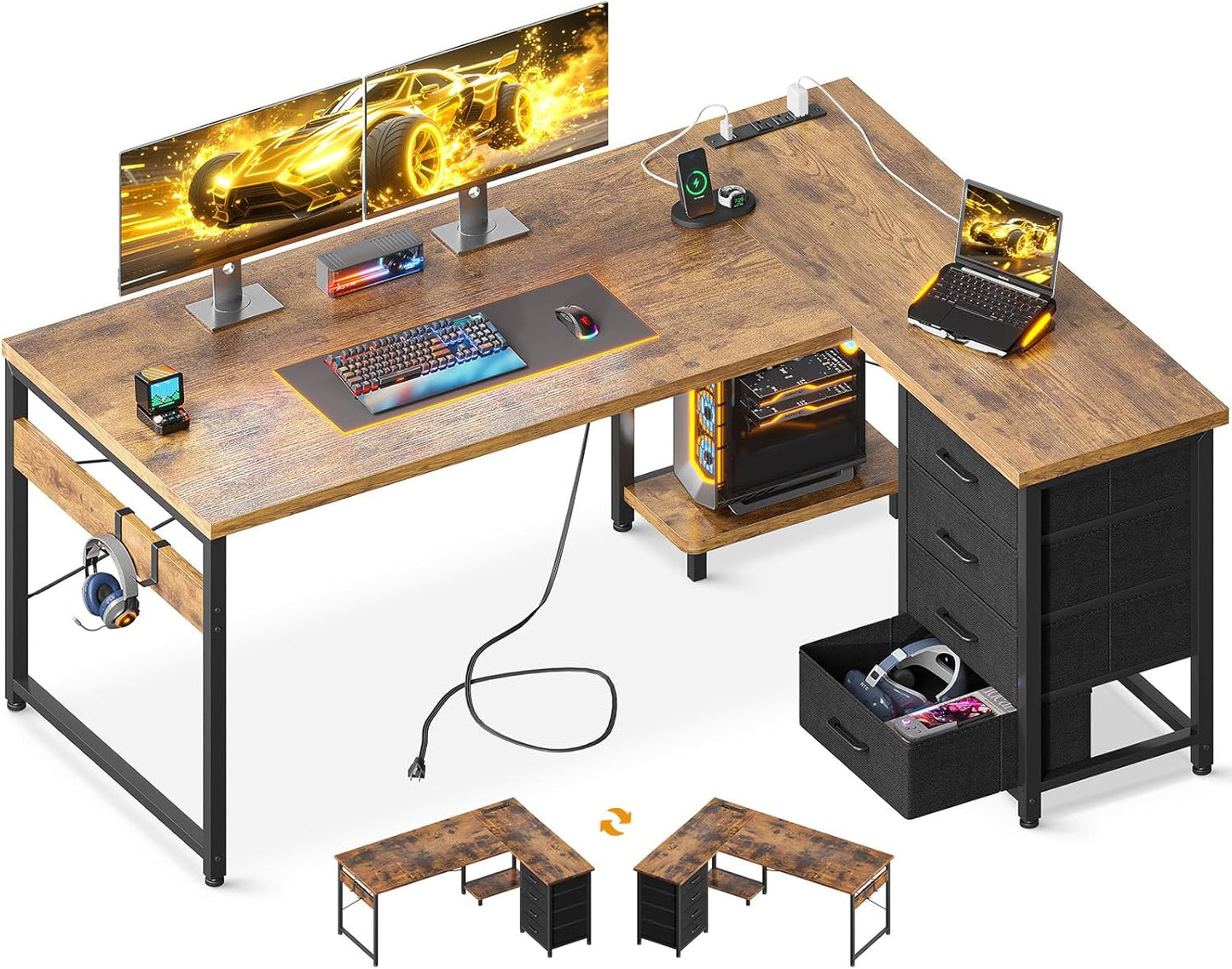 AODK L Shaped Desk with 4 Tier Drawers, 53" Reversible Gaming Desk with Power Outlets, L Shaped Computer Desk with USB Charging Port and Host Stand, Home Office Corner Desk, Easy to Assemble, Vintage