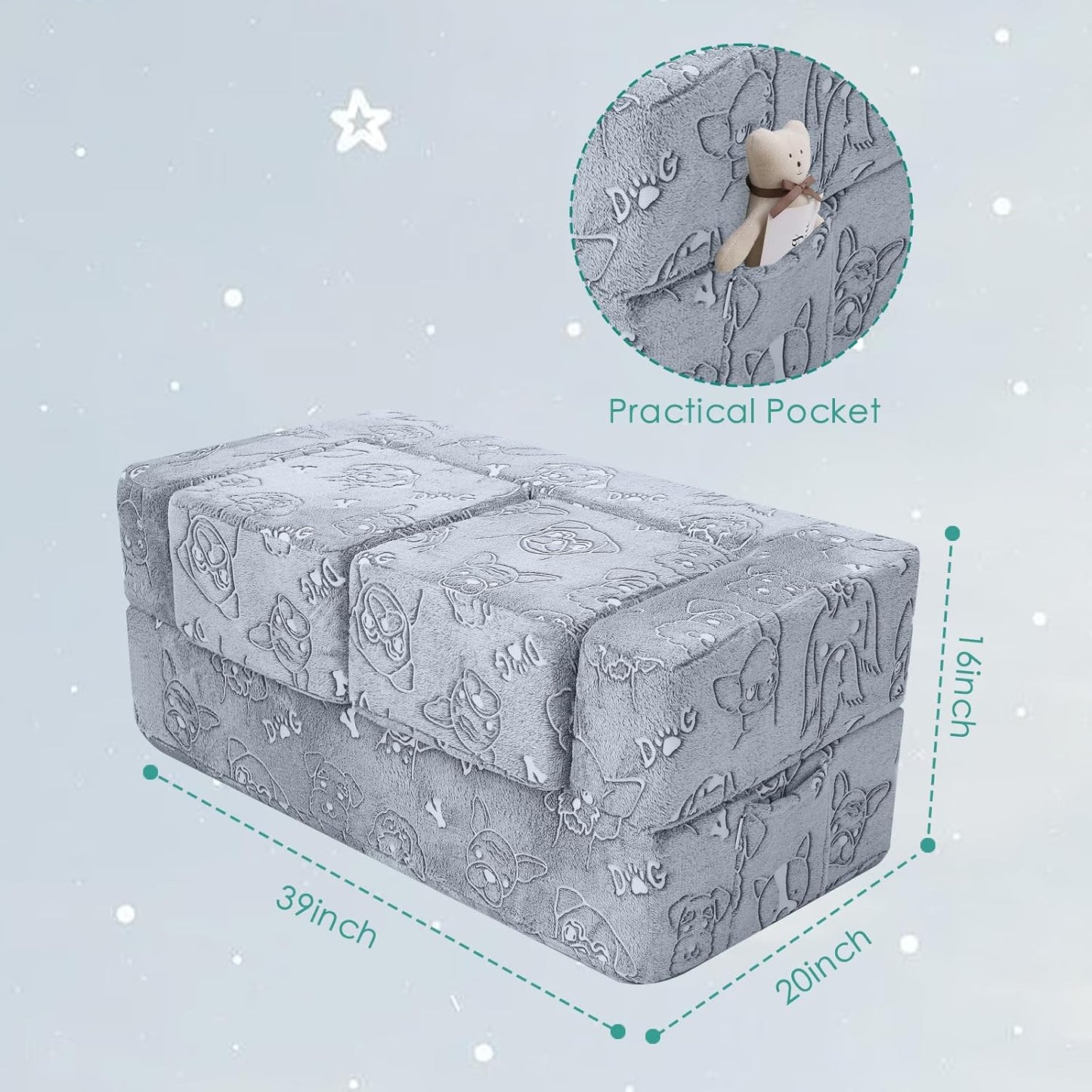 MeMoreCool Kids Sofa Couch, Glow in Dark Toddler Chair Fold Out, Modular Play Couch for Playroom, Child Foam Blocks Convertible Baby Furniture (Glowing Dogs)