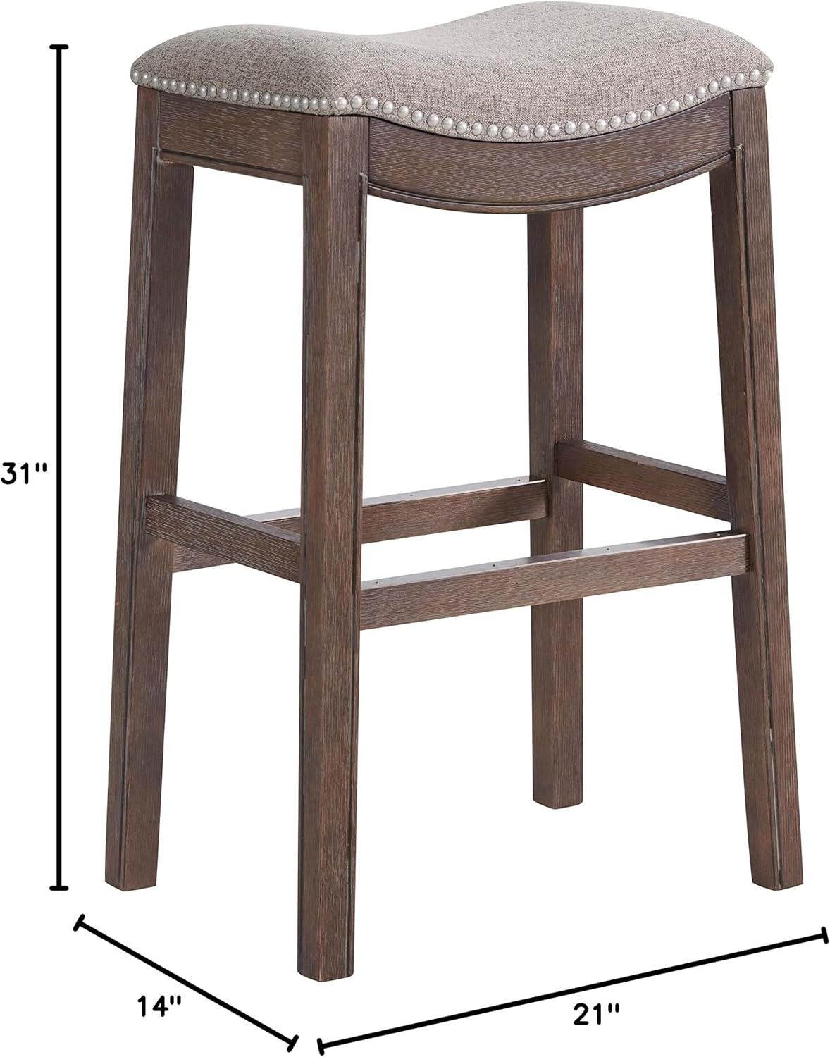 Alaterre Furniture Williston Bar Height Stool, Set of 2, Dark Brown, Solid Rubberwood Frame, Wire Brush Finish, Gray Accents, Linen-Like Fabric Upholstery, Dimensions 21 in. W x 14 in. D x 31 in. H