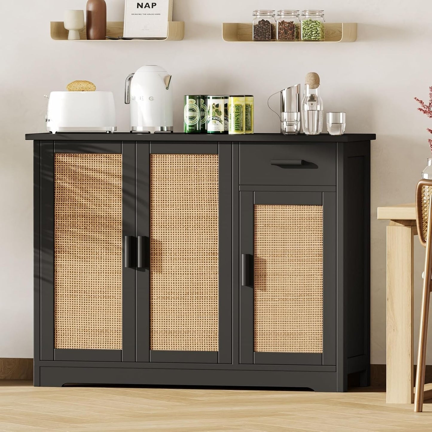 Irontar Kitchen Storage Cabinet, Sideboard Buffet Cabinet with Rattan Doors, Farmhouse Console Table with Drawer, Coffee Bar, Accent Table for Kitchen, Living Room, Hallway, Black and Natural CWG010BM