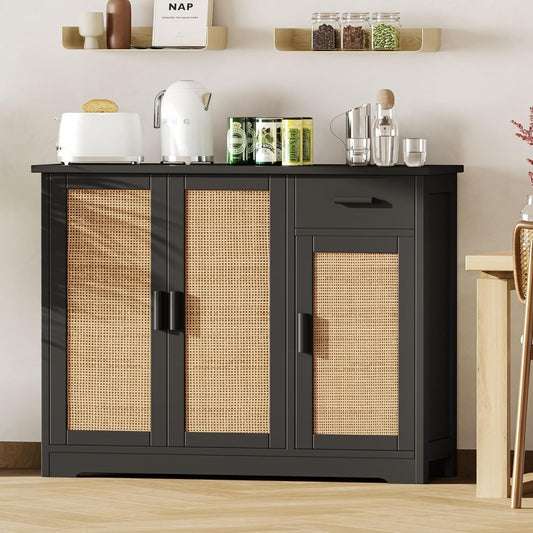Irontar Kitchen Storage Cabinet, Sideboard Buffet Cabinet with Rattan Doors, Farmhouse Console Table with Drawer, Coffee Bar, Accent Table for Kitchen, Living Room, Hallway, Black and Natural CWG010BM