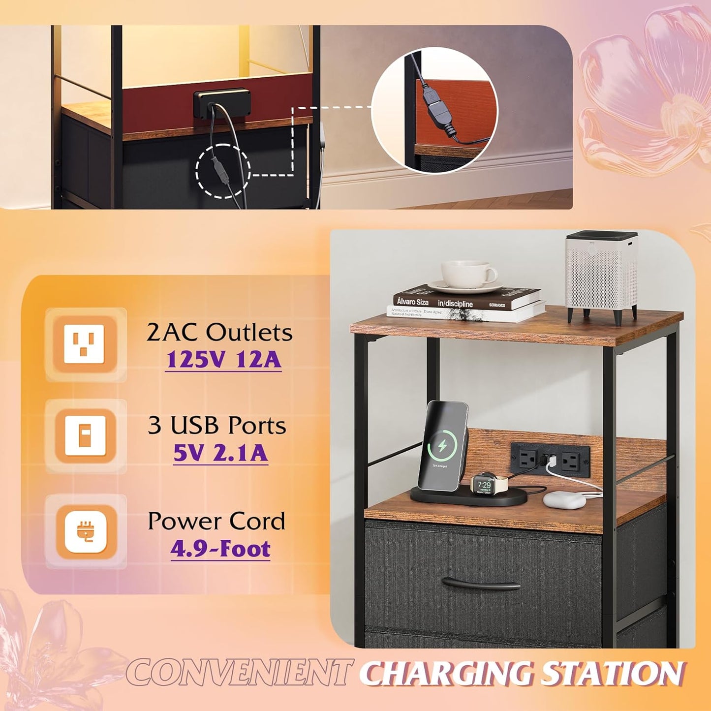 WLIVE Nightstand with Charging Station, LED Night Stand with 2 Fabric Drawers and Open Shelf, Small Dresser for Small Spaces, Side End Tables for Bedroom, Rustic Brown and Black