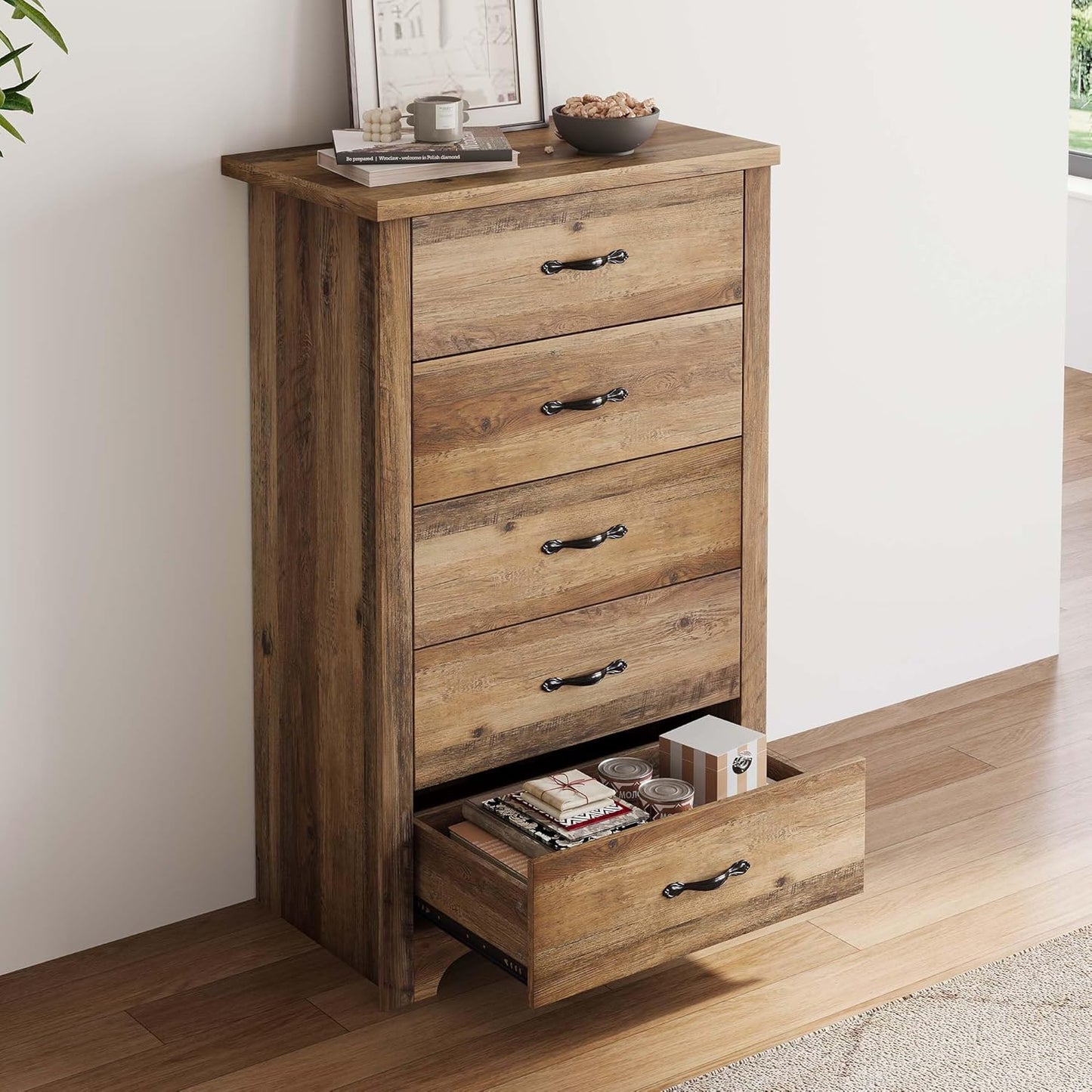 LINSY HOME 5 Drawers Dresser for Bedroom, Wood Bedroom Dresser Modern Drawer Chest, 5 Chest of Drawer, Tall Dresser for Closet, Dressers Organizer for Living Room, Closet, Hallway, Nursery