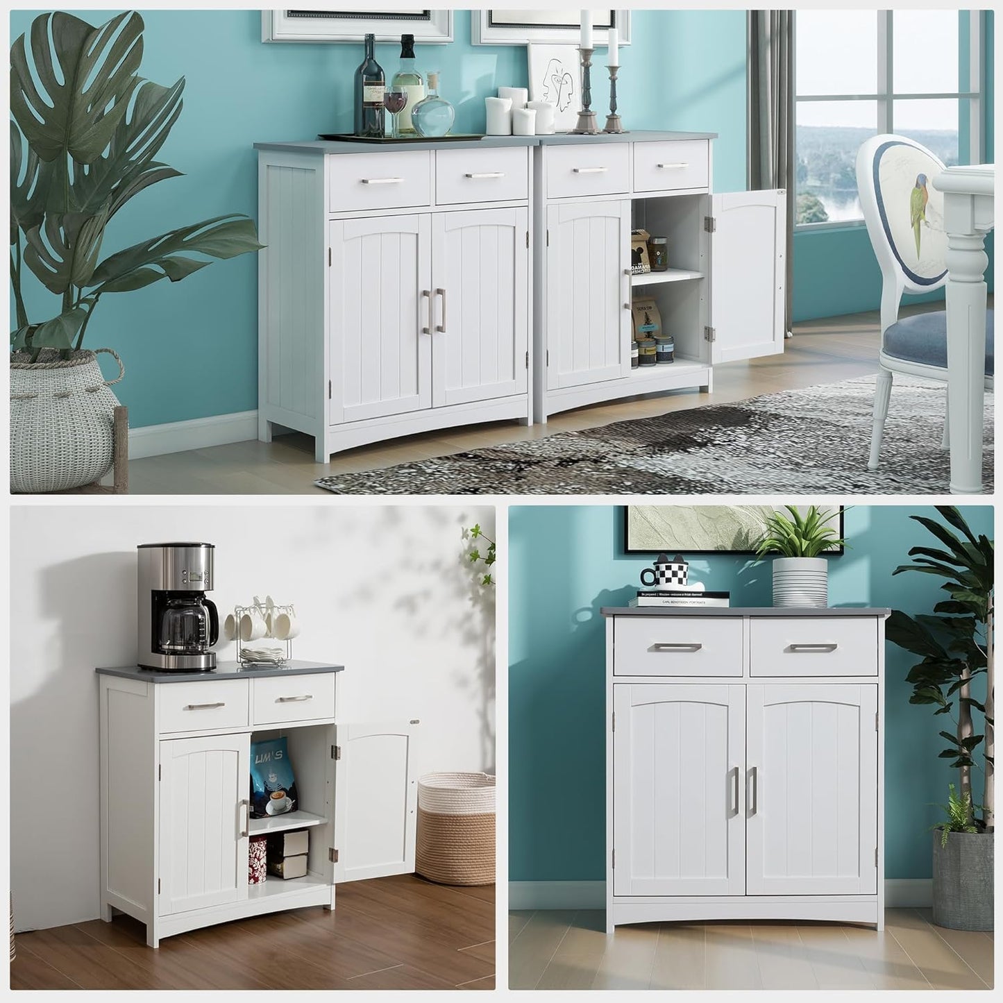 Modern White Buffet Cabinet, 26x30 Inches, 2 Doors, 2 Drawers, Adjustable Shelves, Anti-Fall Drawers, Dining Room Storage
