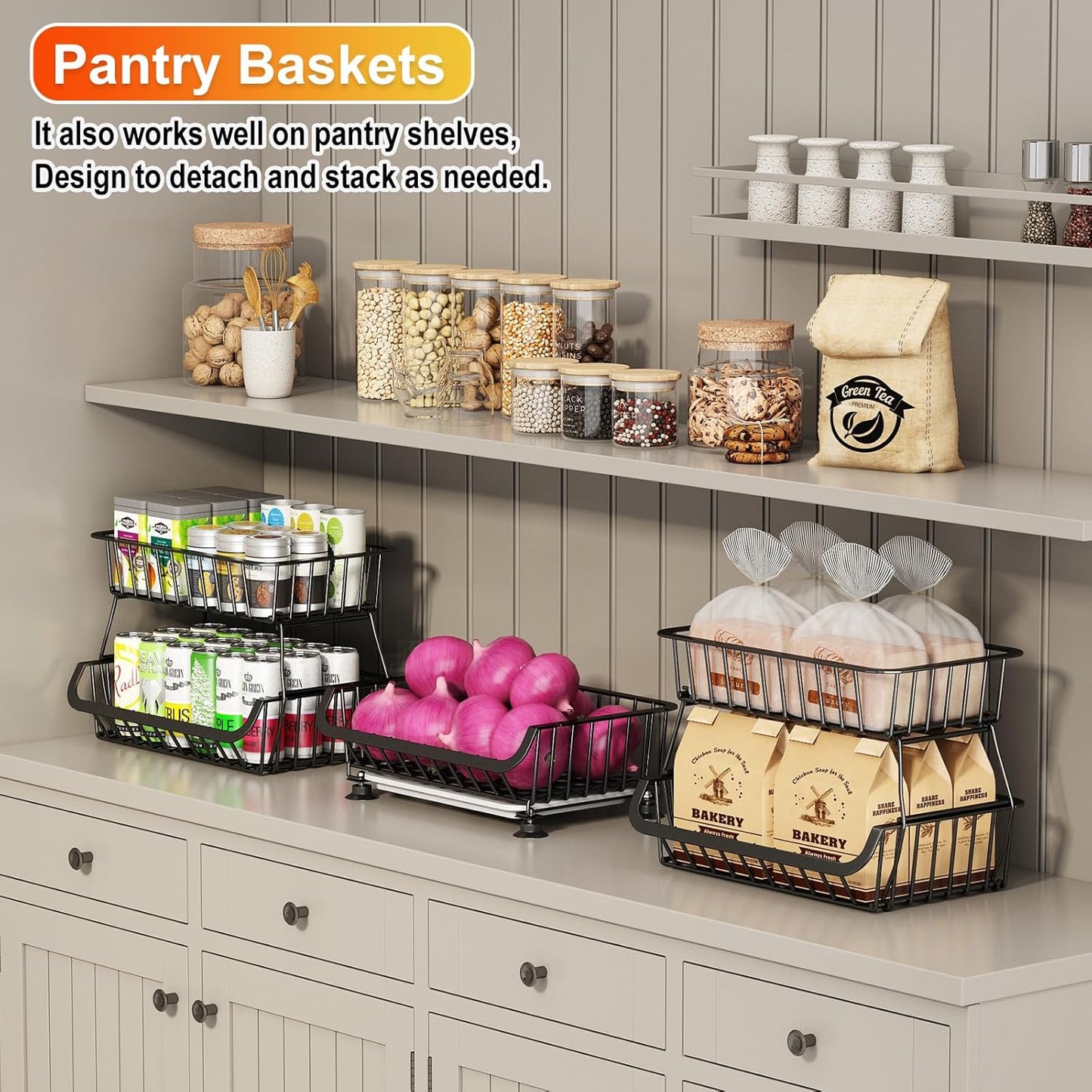 3-Tier Rolling Pantry Cart with Wheels, Stackable Wire Storage Floor Organizer for Kitchen Pantry Snack Shelves, Fruit Basket Stand, Vegetable Storage Rack for Snacks Fruits Onion Potato