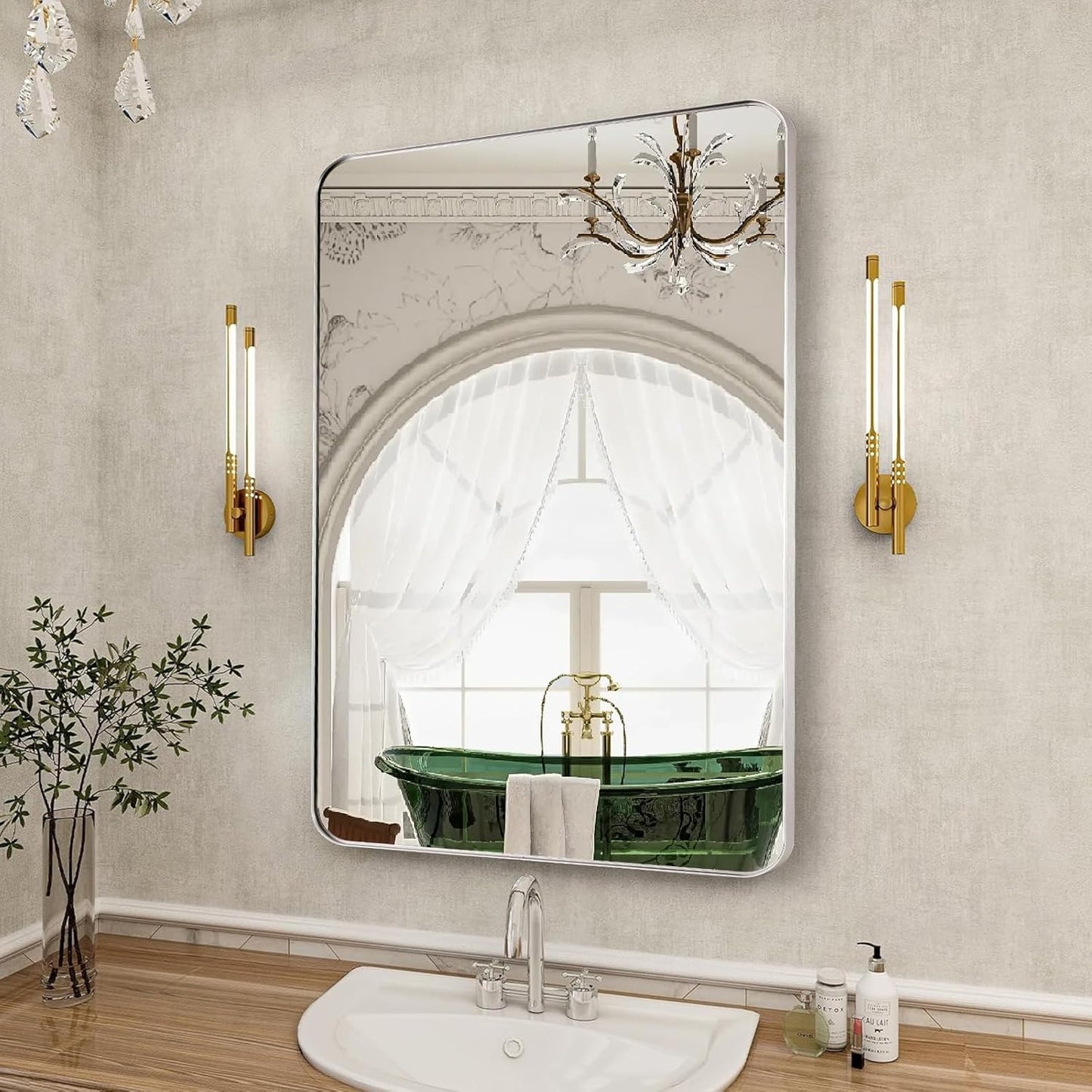 24x36 Inch Silver Bathroom Mirror for Wall, Metal Framed Rectangle Mirror with Rounded Corner, Bathroom Vanity Mirror in Aluminum Alloy, Hangs Horizontally or Vertically