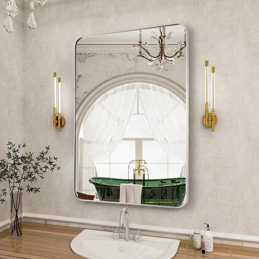 24x36 Inch Silver Bathroom Mirror for Wall, Metal Framed Rectangle Mirror with Rounded Corner, Bathroom Vanity Mirror in Aluminum Alloy, Hangs Horizontally or Vertically