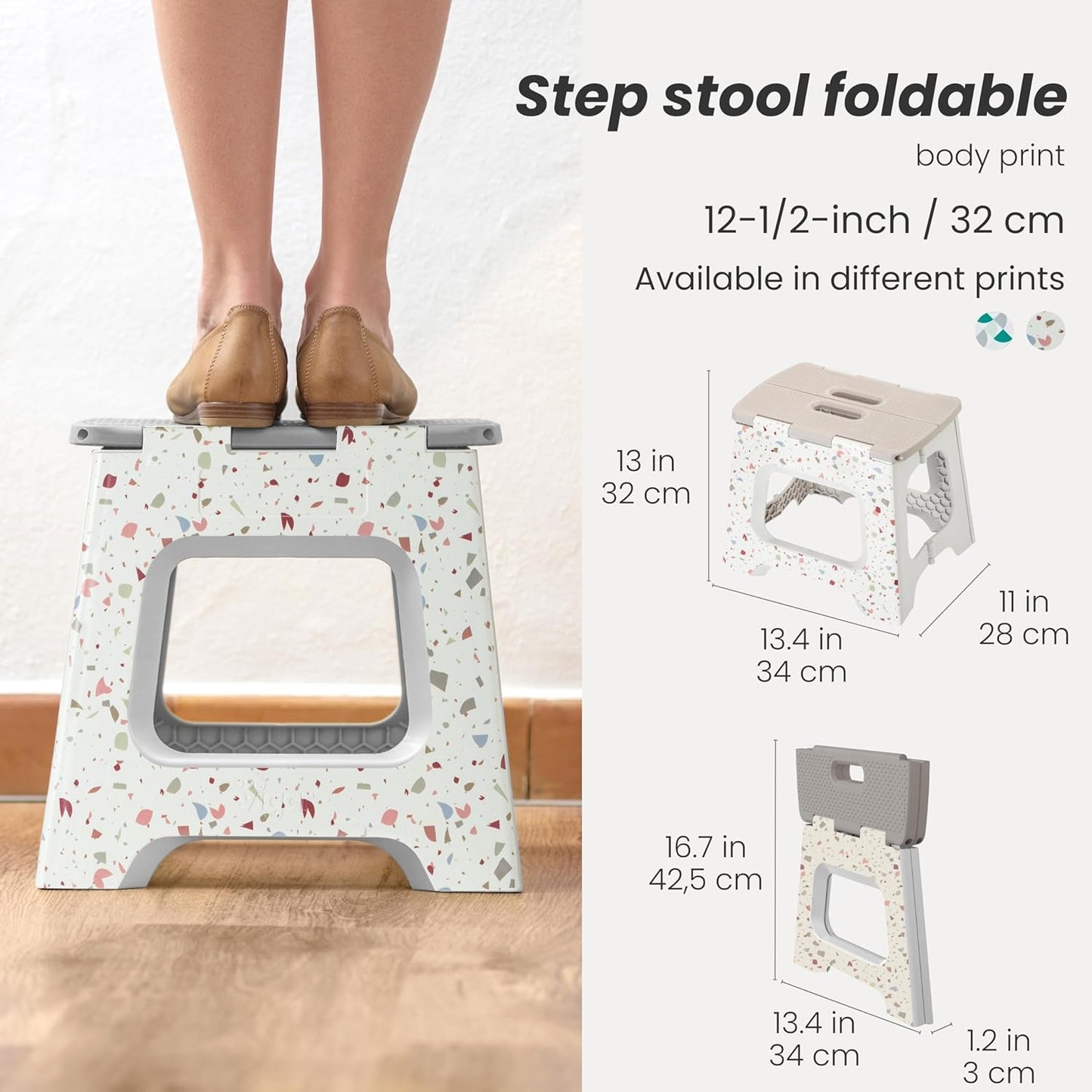 Vigar Compact Step Stool Foldable, 12-1/2-inch Step Stools for Adults up to 330 Pound, Lightweight Stool, Non-Slip Folding Step Stool, Grey Terrazo Pattern