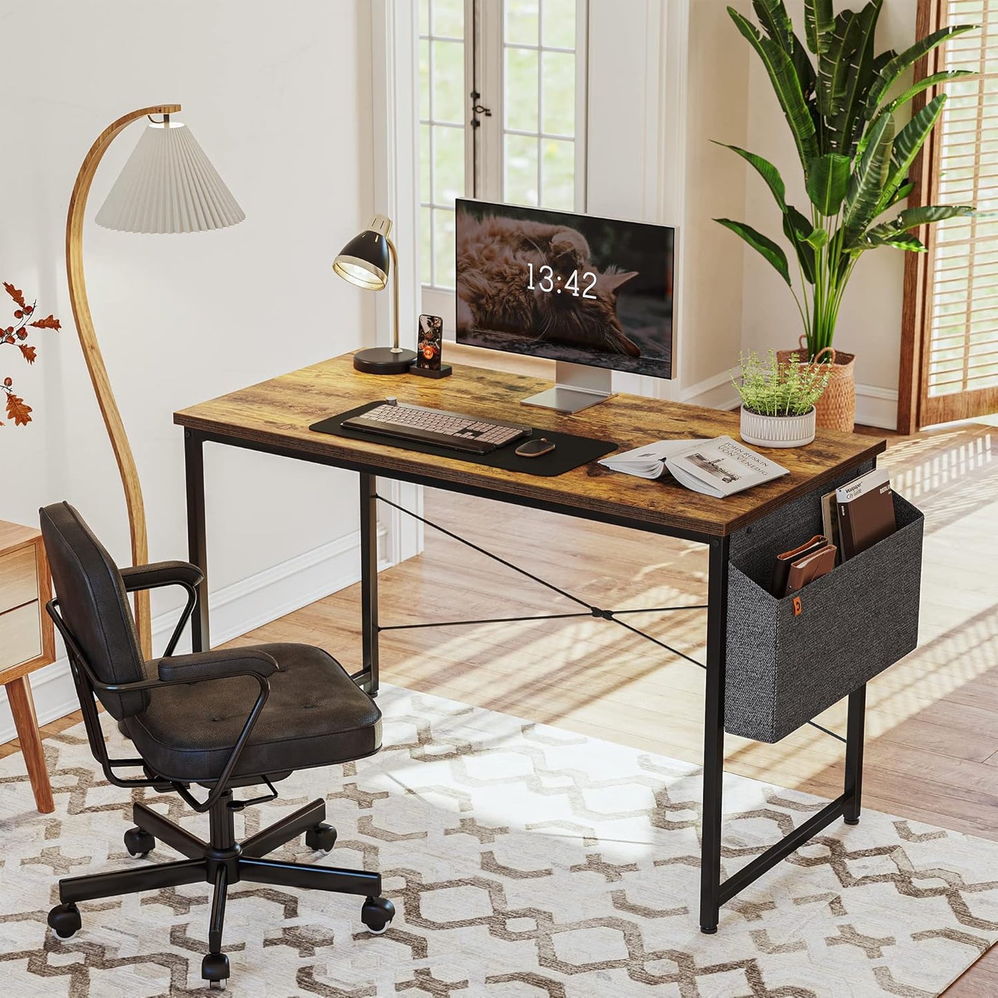 Cubiker Computer Desk 63 inch Home Office Writing Study Desk, Modern Simple Style Laptop Table with Storage Bag, Black