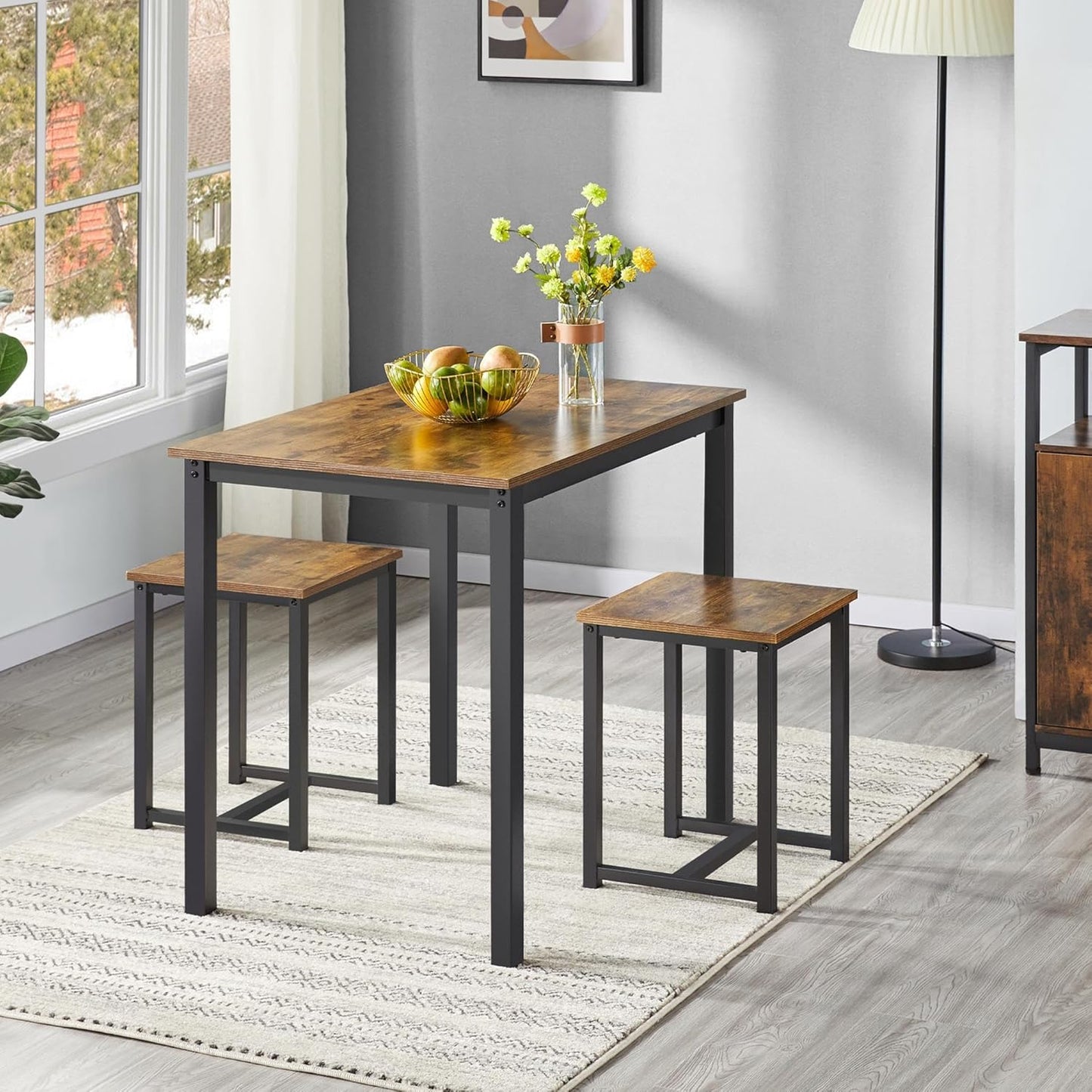 Yaheetech Industrial Dining Kitchen Table Set for 2 Breakfast Nook Table w/ 2 Stools for Dining Room Kitchen Small Space, Rustic Brown