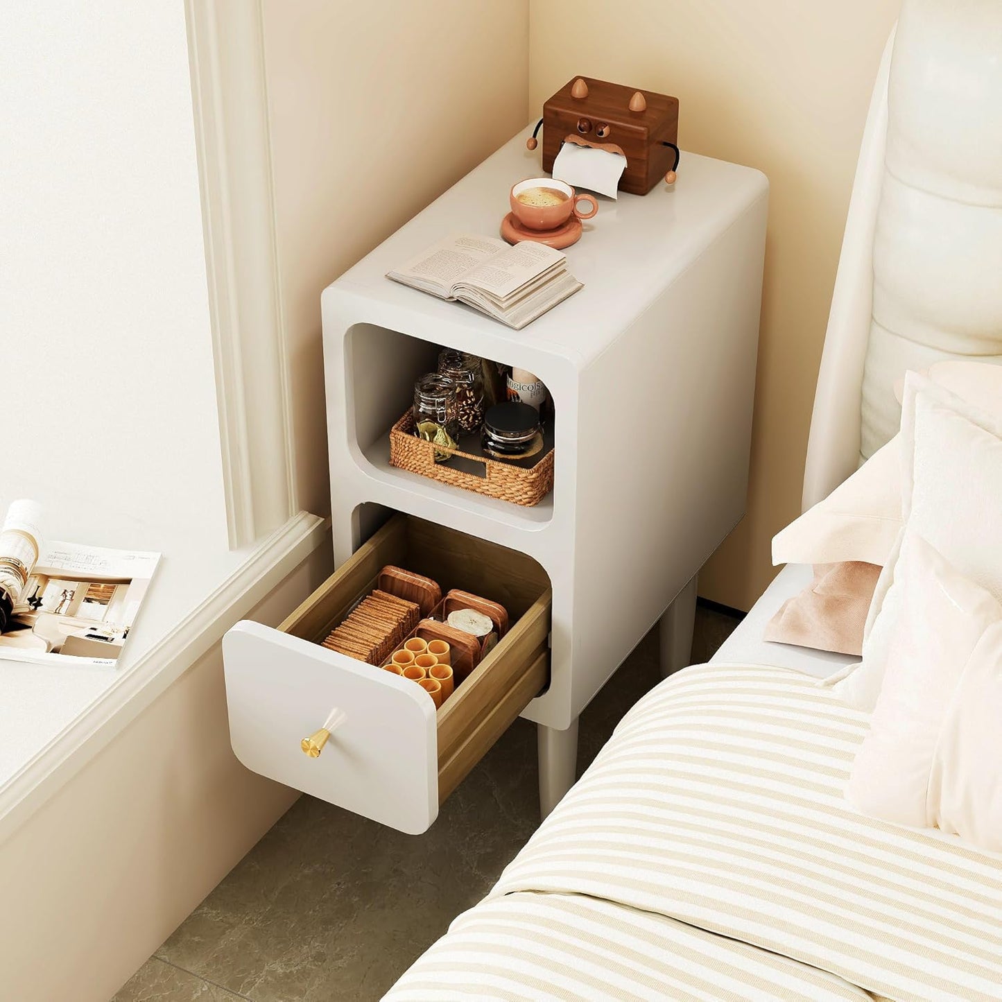 Narrow Nightstand, Solid Wood Night Stand with Drawers, White Mid Century Modern Nightstand, Small Beside Table with Open Storage Shelf for Bedroom (10 inch)