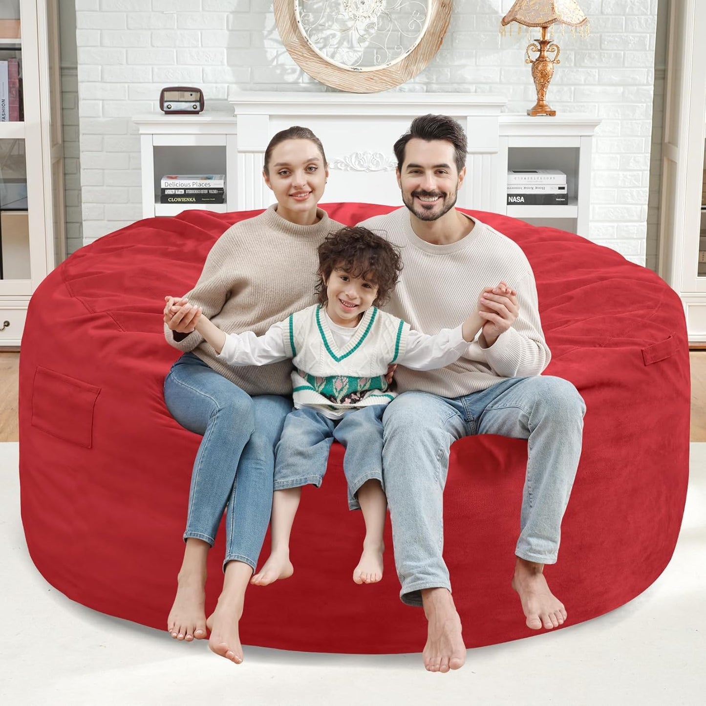 5FT Bean Bag Chair, Large Bean Bag Chairs with Memory Foam Filled, Fluffy Beanbag Sofa with Dutch Velvet Cover, Round BeanBag Chairs for Living Room, Playroom - Red