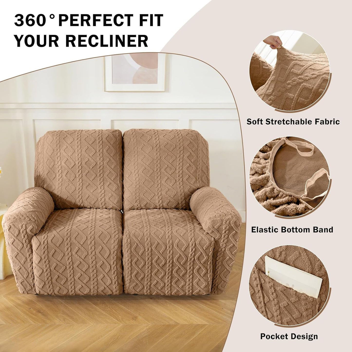 vctops 6 Pieces Geometric Jacquard Plush Recliner Loveseat Slipcovers Soft Fuzzy Fluffy Sofa Couch Cover Anti-Slip Furniture Protector with Elastic Bottom for Kids Cats Dogs(Brown,2 Seat)