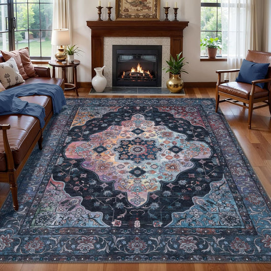 Tangsoo 4x6 Vintage Area Rug with Non Slip Backing, Machine Washable Rug Low Pile Living Room Rugs for Bedroom, Dining Room, Office, Navy/Multi Print Distressed Floor Carpets