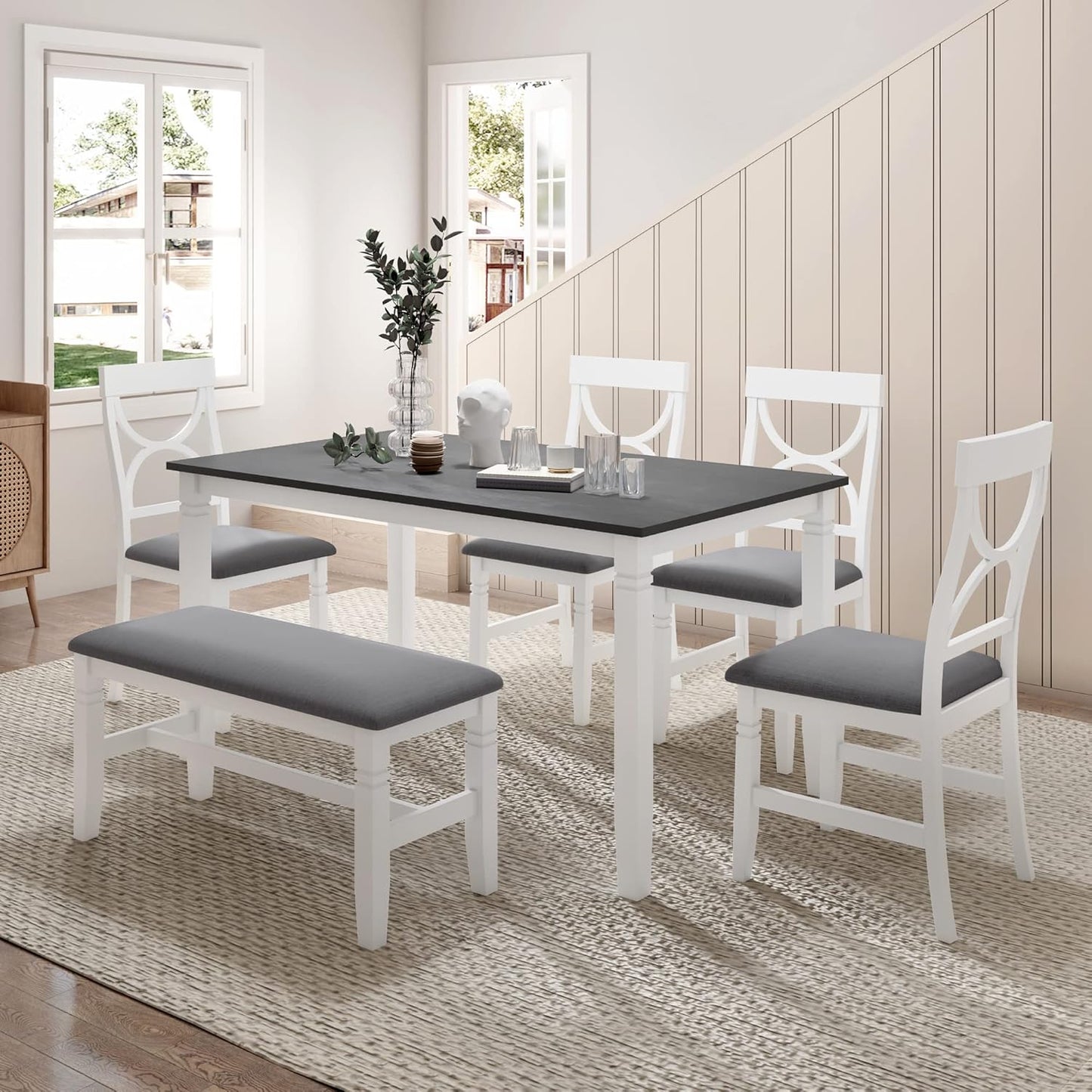 Ball & Cast 6 Piece Wood Dining Table Set,Kitchen Table Set with Upholstered Bench and 4 Dining Chairs,Farmhouse Living Room Furniture w/Carved Legs & Round Backrest,for Dining Room,Gray+White