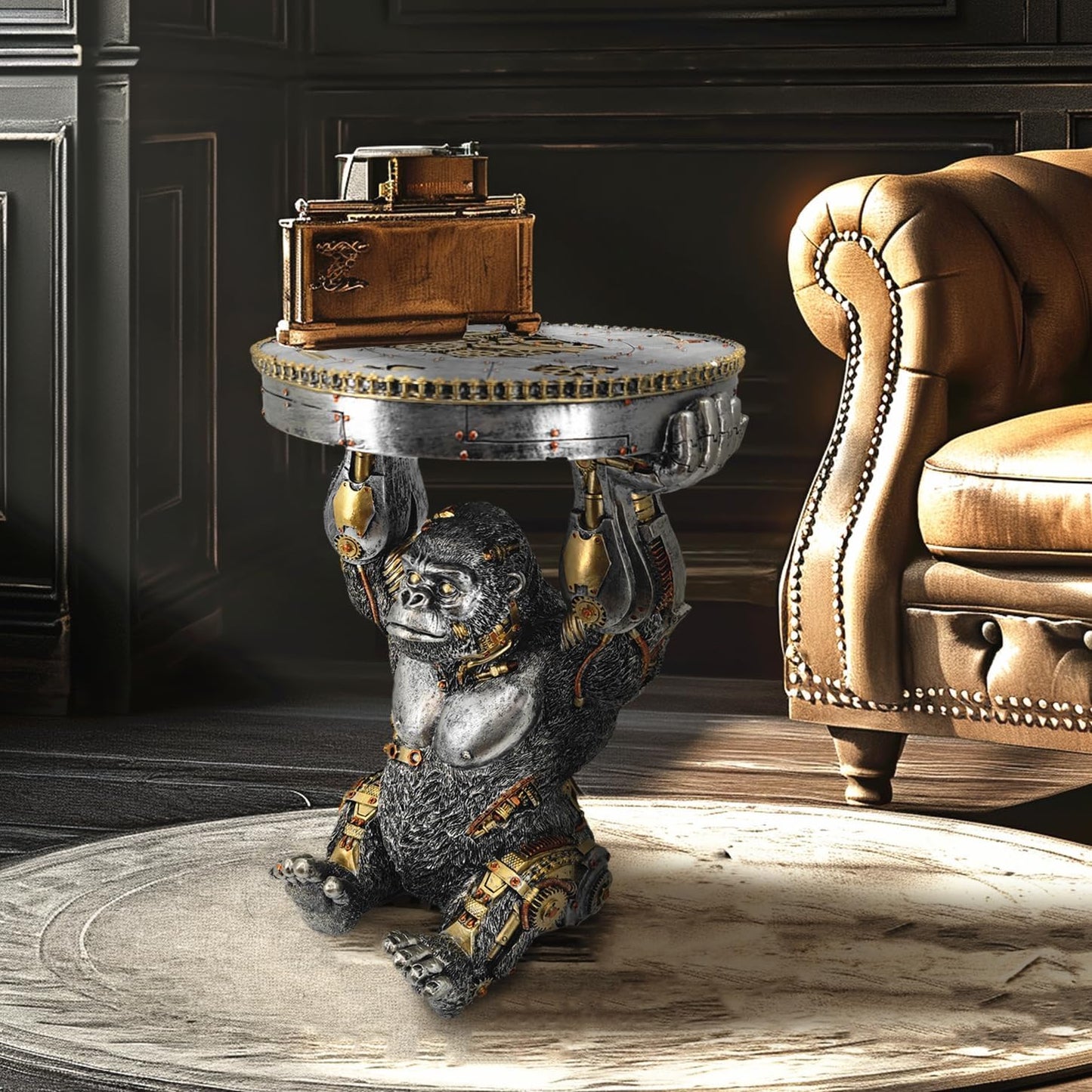 Steampunk Gorilla Side Table Pedestal End Table Stool Resin Cyborg Monkey Sci-fi Statue Sculpture Hand Painted Collectible Figurine with Cool Gear for Home Man Cave Decor Silver