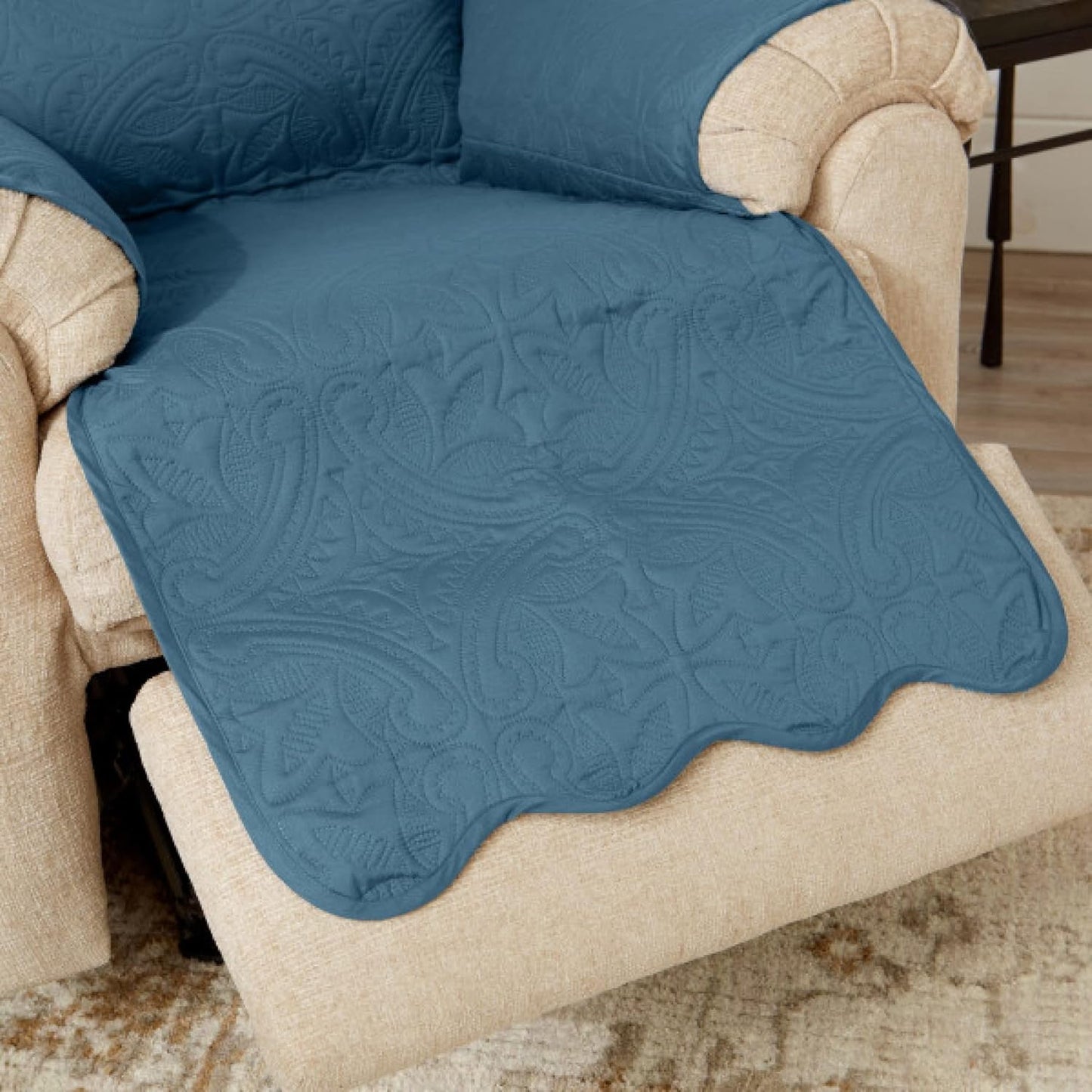 Great Bay Home Medallion Stitched Solid Furniture Protector Stain Resistant Durable Furniture Protector Elenor Collection (Sofa, Smoke Blue/Ivory)