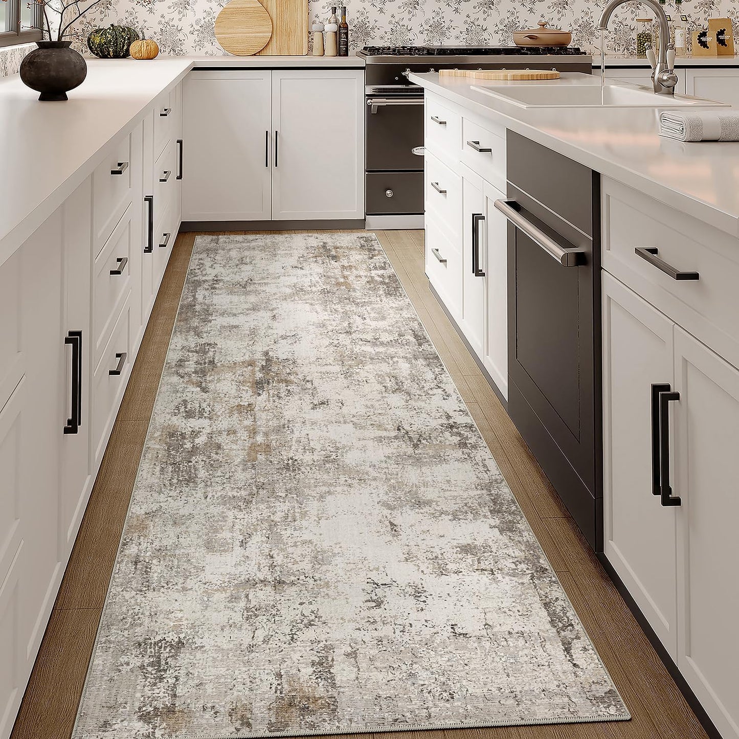 2x7 Washable Runner Rug Brown Grey Neutral Abstract Hallway Kitchen Living Room Bedroom Non Slip Throw Rug Soft Low Pile Indoor Carpet for Entrance Laundry Bathroom