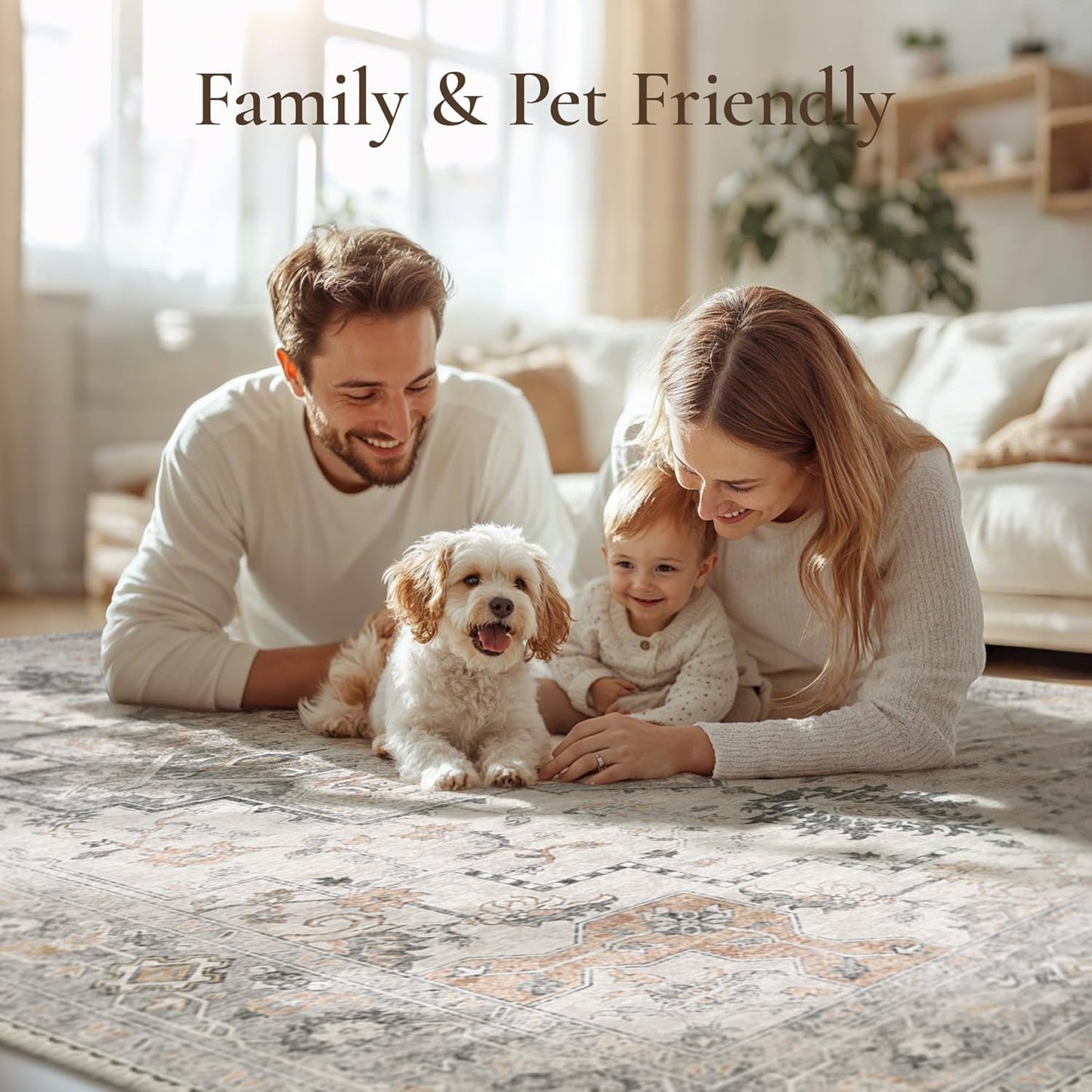 GENIMO 5x8 Area Rugs for Living Room, Machine Washable Low Pile Rugs, Chenille Non Alip Vintage Rug for Bedroom, Dining Room, Home Office, Light Taupe Brown