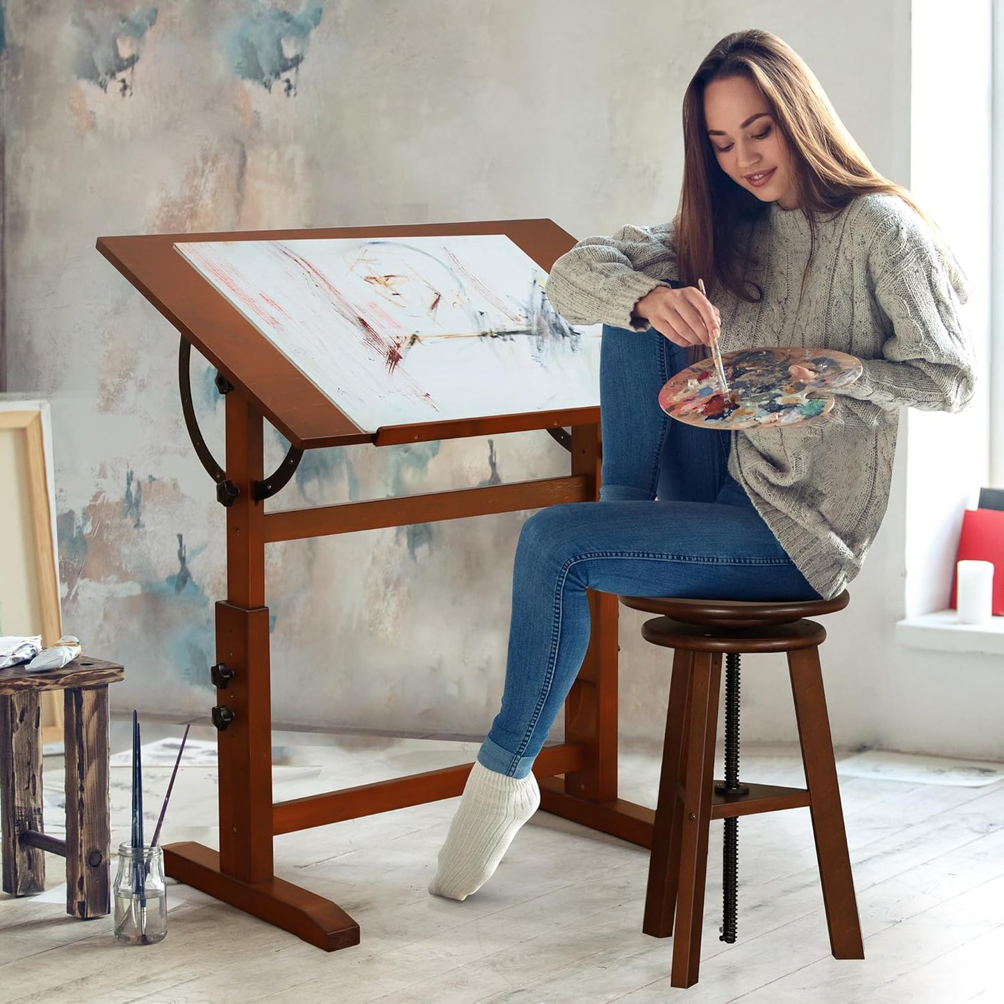 VISWIN Wood Drafting Table for Adults, 24'' x 35" Drawing Table with Adjustable Height & Angle for Art Studio, Solid Pine Wood Artist Desk for Drawing, Drafting, Writing, Reading, Sketching