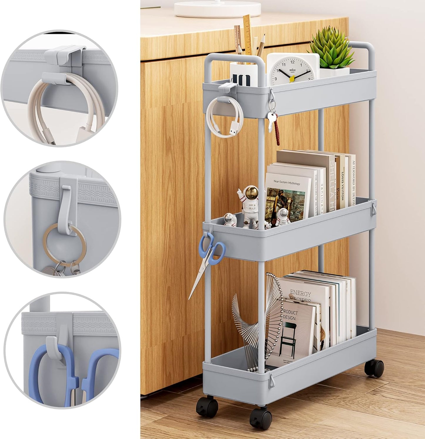 SOLEJAZZ Slim Rolling Storage Cart with Wheels 3 Tier Skinny Bathroom Storage Organizer Thin Laundry Room Utility Cart Space-Saving for Bedside Kitchen Office Small Narrow Places, Gray