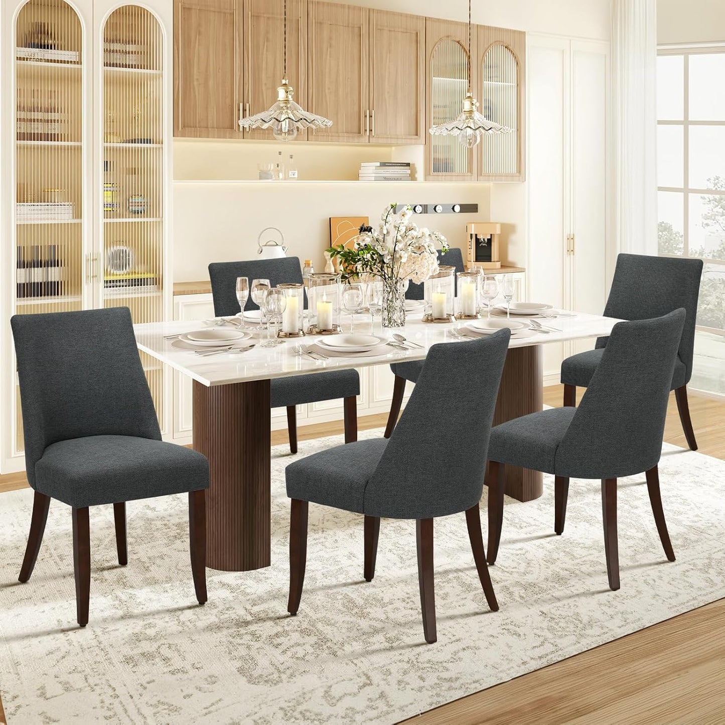 COLAMY Upholstered Dining Chairs Set of 6, Mid Century Modern Kitchen Chairs with Back, Farmhouse Fabric Side Dining Room Chairs with Wood Legs for Dining Room Restaurant, Dark Grey