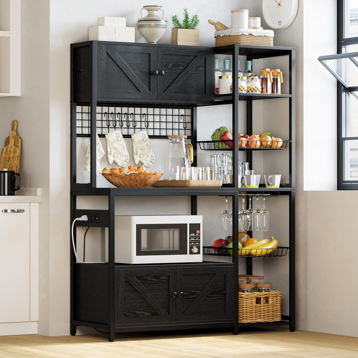 IRONCK Bakers Rack with 2 Storage Cabinets and Power Outlet, 45.3 Inch Industrial Coffee Bar Cabinet Shelves, Kitchen Microwave Stand with Storage, Vintage Black