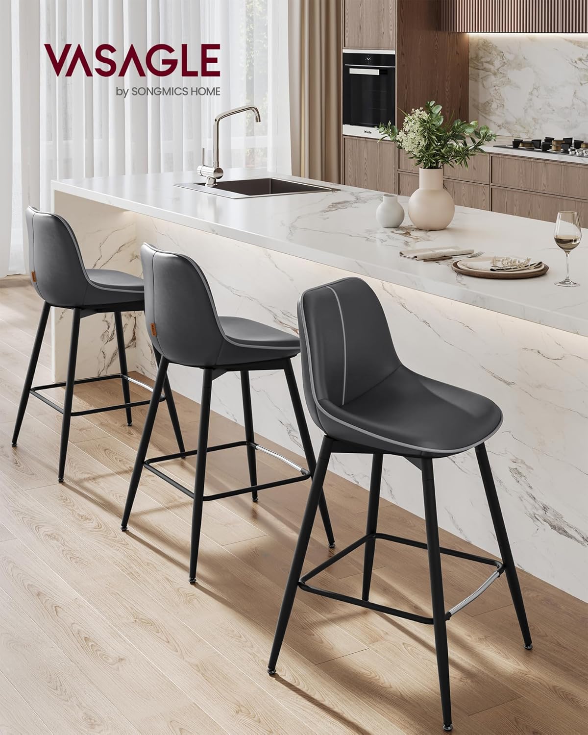 VASAGLE Bar Stools Set of 2, Counter Height Bar Stools with Back, Ergonomic Backrest, Synthetic Leather, Metal Legs, 24.4-Inch Tall Barstools for Kitchen Island Home Bar, Easy Assembly, Ink Black