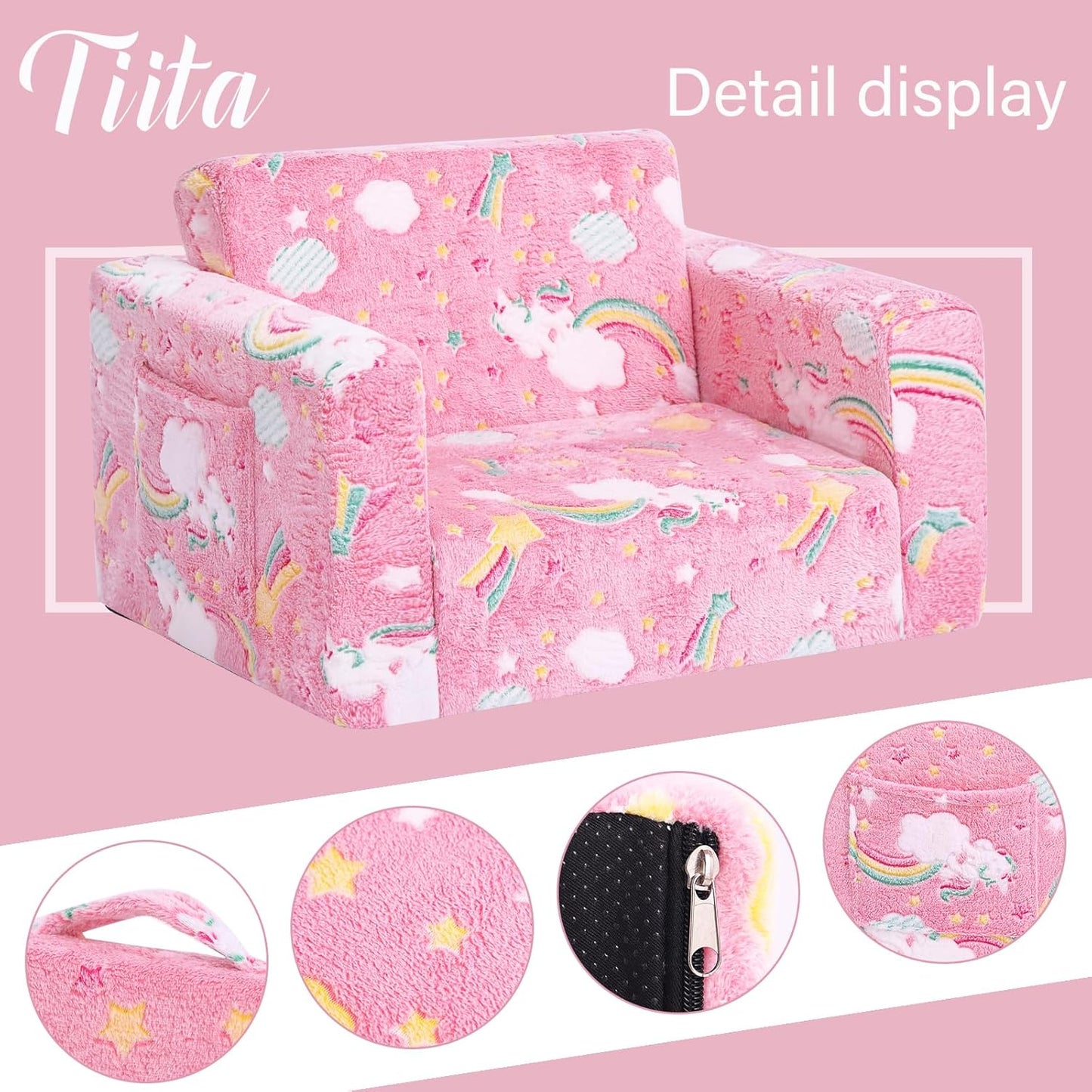 Tiita Kids Chair Couch, Folding Toddler Comfy Chair, 2-in-1 Kids Plush Sofa Fold Out, Baby Armrest Sofa to Lounger, Convertible Play Sofas to Bed for Girl or Boy, Pink Rainbow