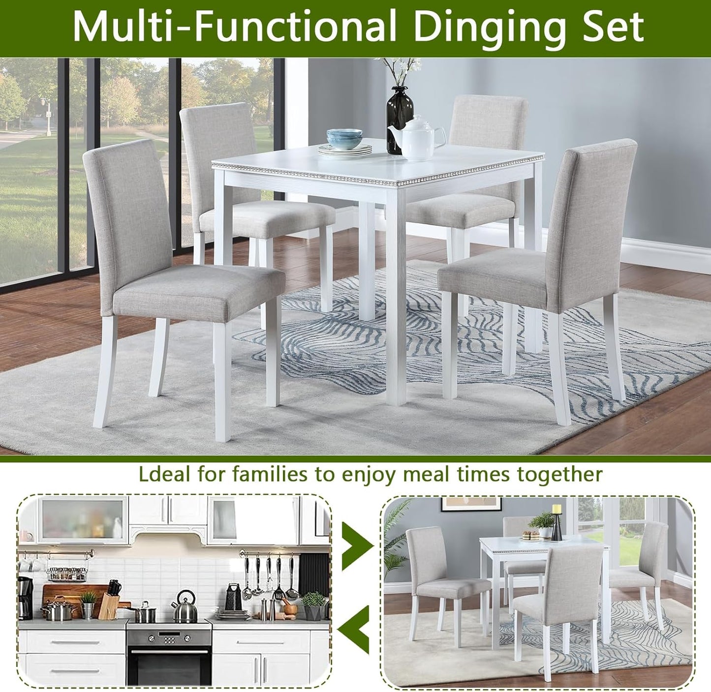 Ball & Cast 5 Piece Dining Table Set,Kitchen Table Set for 4 W/ 34.5" Square Wooden Dining Table,Living Room Furniture W/ 4 Upholstered Chairs,for Dining Room,Kitchen,Restaurant,White