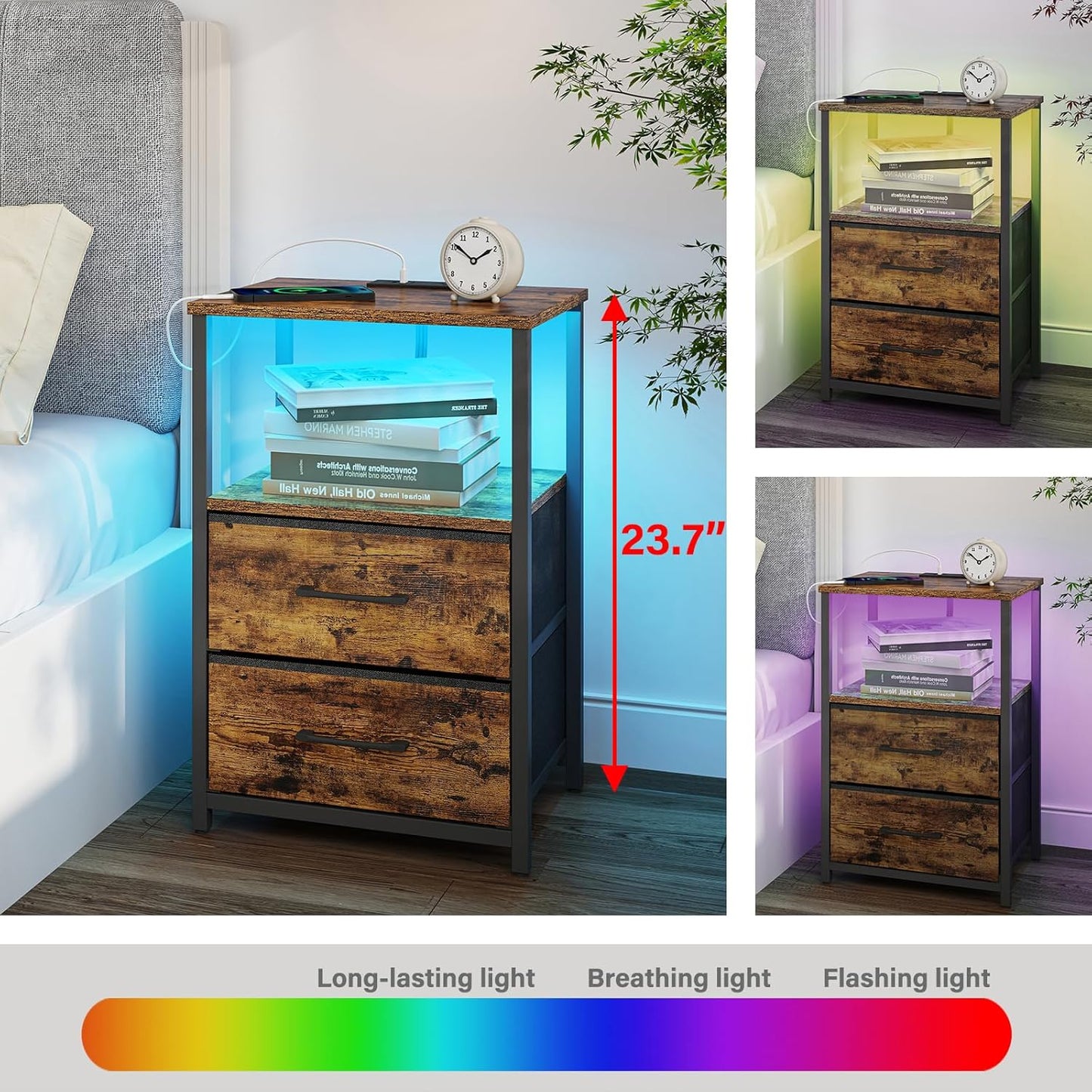 TUTOTAK LED End Table with Charging Station, Night Stand, Side Table with 2 USB Ports and Outlets, Nightstand with Cloth Drawer, Bedside Table for Livingroom, Bedroom Brown TB01BB088L