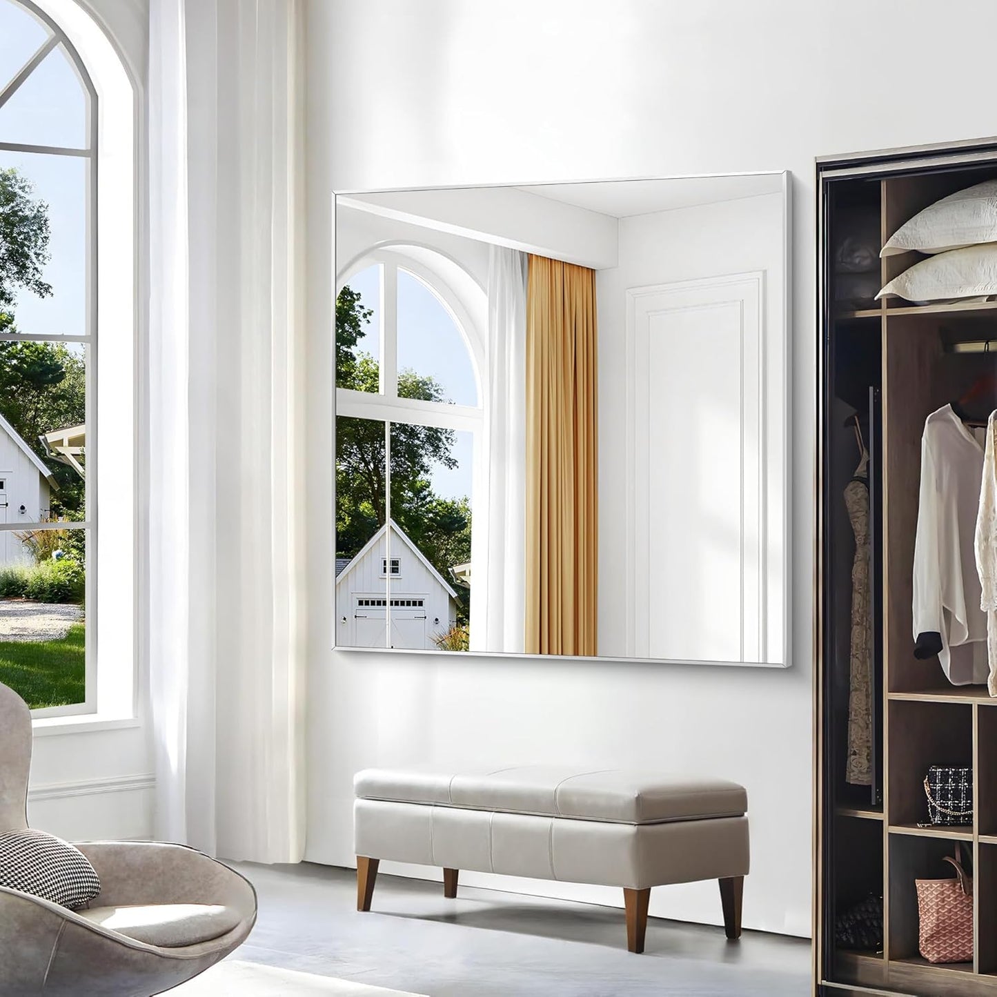 BONEWEI Silver Bathroom Mirror,48x48 inch Wall Mirror for Bathroom Wall Mounted,Large Rectangle Mirror for Bathroom Over Sink,Modern Metal Frame for Living Room,Bedroom Entryway,Horizontal/Vertical