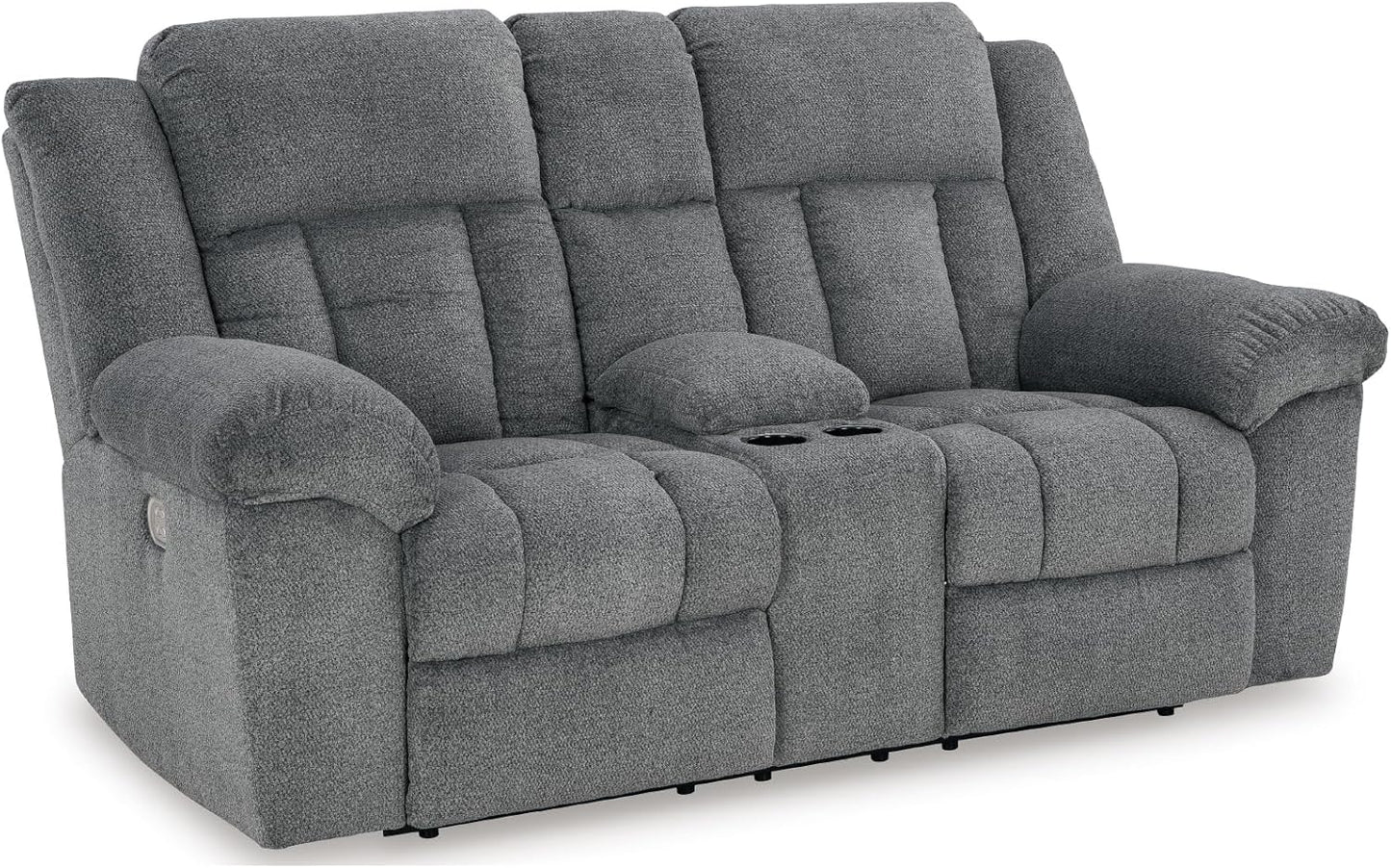 Signature Design by Ashley Tip-Off Modern Wall Hugger Power Reclining Loveseat with Adjustable Headrest, USB Ports, Storage and Cup Holders, Gray