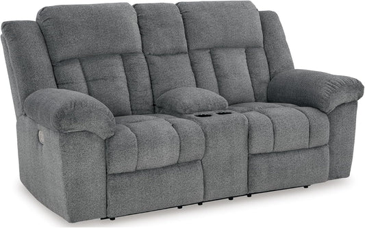 Signature Design by Ashley Tip-Off Modern Wall Hugger Power Reclining Loveseat with Adjustable Headrest, USB Ports, Storage and Cup Holders, Gray