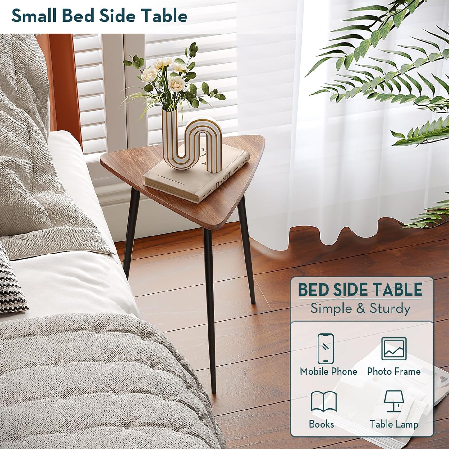 SAYGOER Small Triangle Side Table, Mid Century Modern Walnut End Table, Unique Night Stand Bedside Table Retro Accent Sofa Table for Living Room Bedroom,Medal Black Frame 13.5" W x 12.3" D x 17.7" H