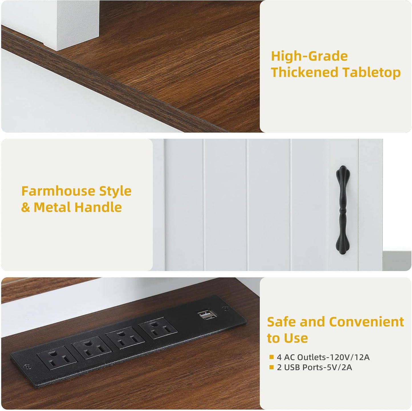 DWVO Farmhouse Office Desk with Drawer & Power Outlets, Wood Computer Desk w/LED Strip & Monitor Stand for Bedchamber Study, Home Office Table with Storage Cabinet for Working Writing Gaming (White)